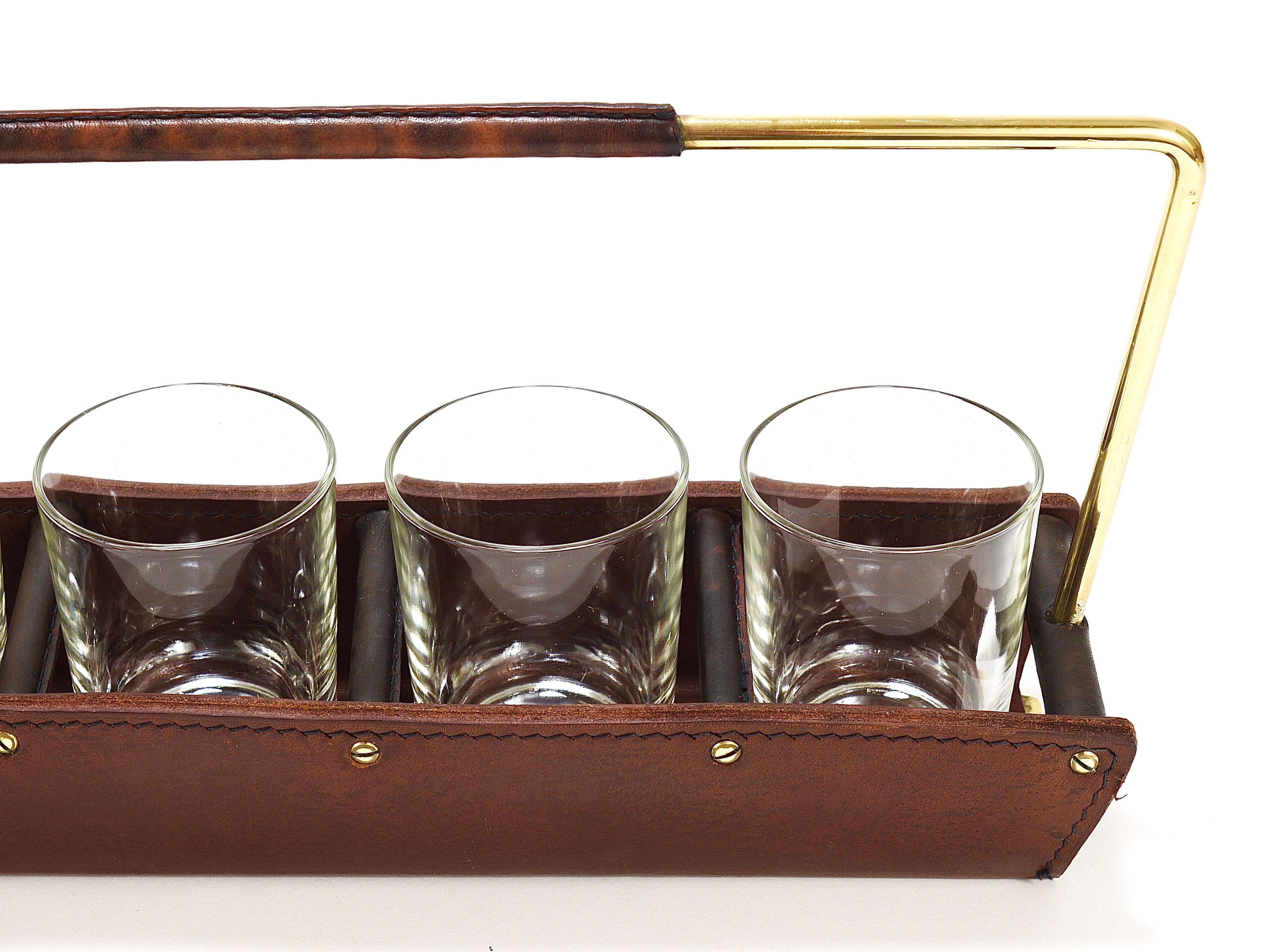 Carl Auböck II Drinking Glass Carrying Rack, Leather & Brass, Austria 1950s For Sale 9