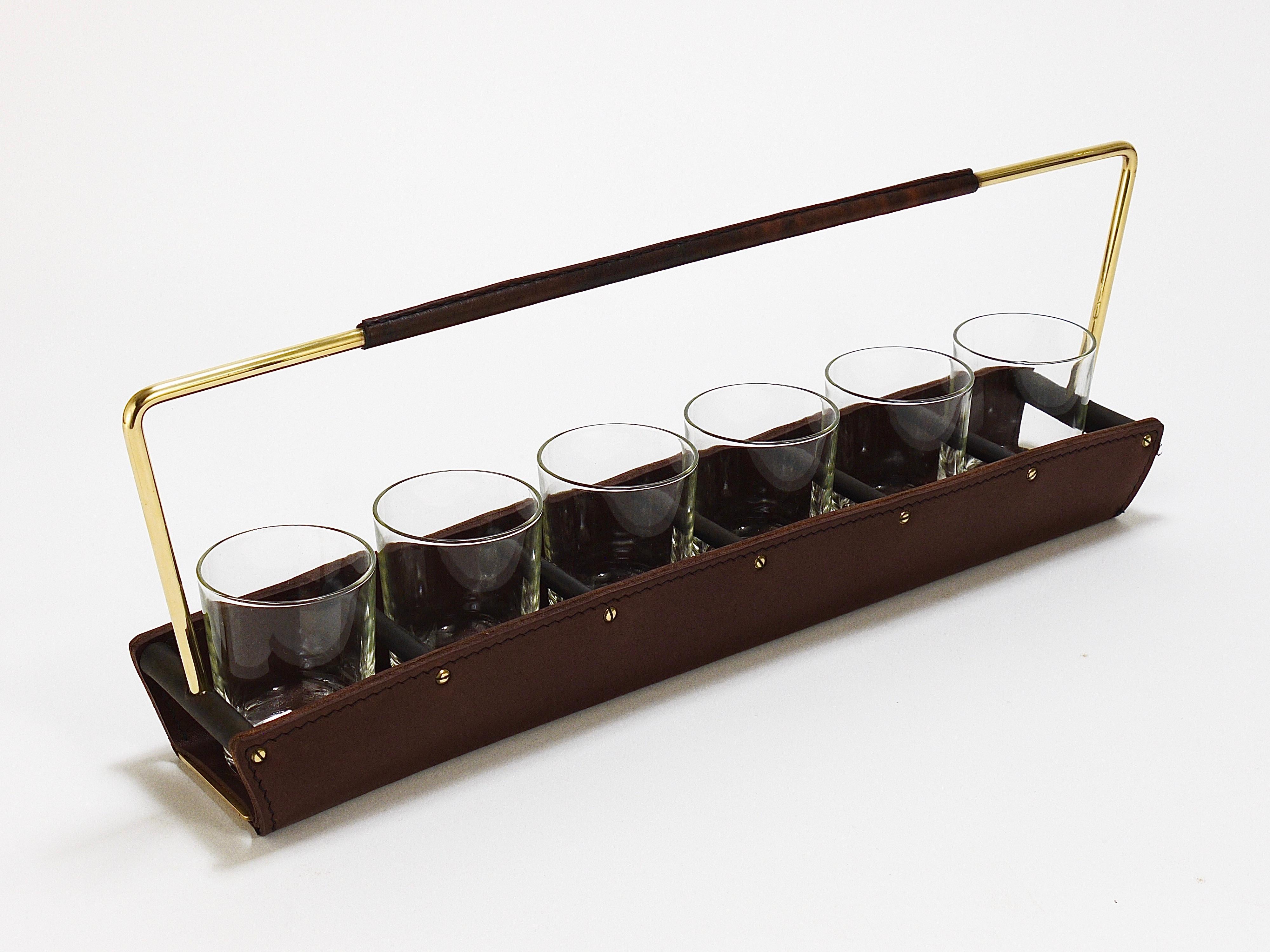 Carl Auböck II Drinking Glass Carrying Rack, Leather & Brass, Austria 1950s For Sale 10