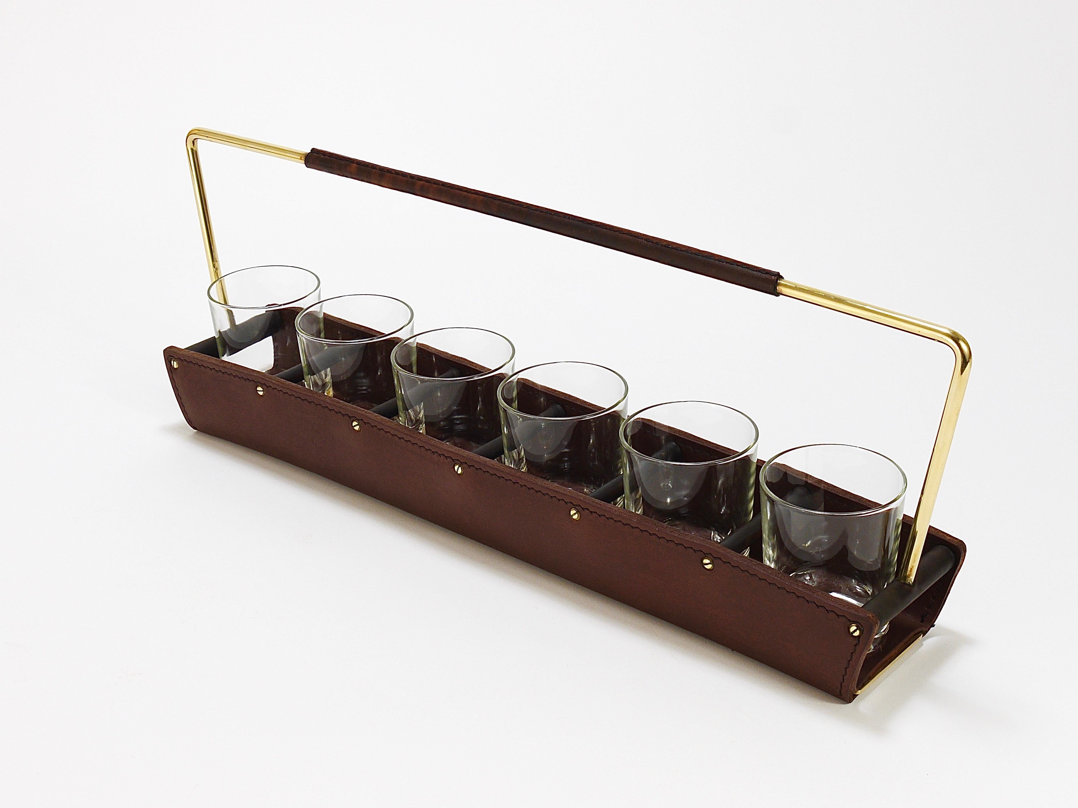 Carl Auböck II Drinking Glass Carrying Rack, Leather & Brass, Austria 1950s For Sale 11