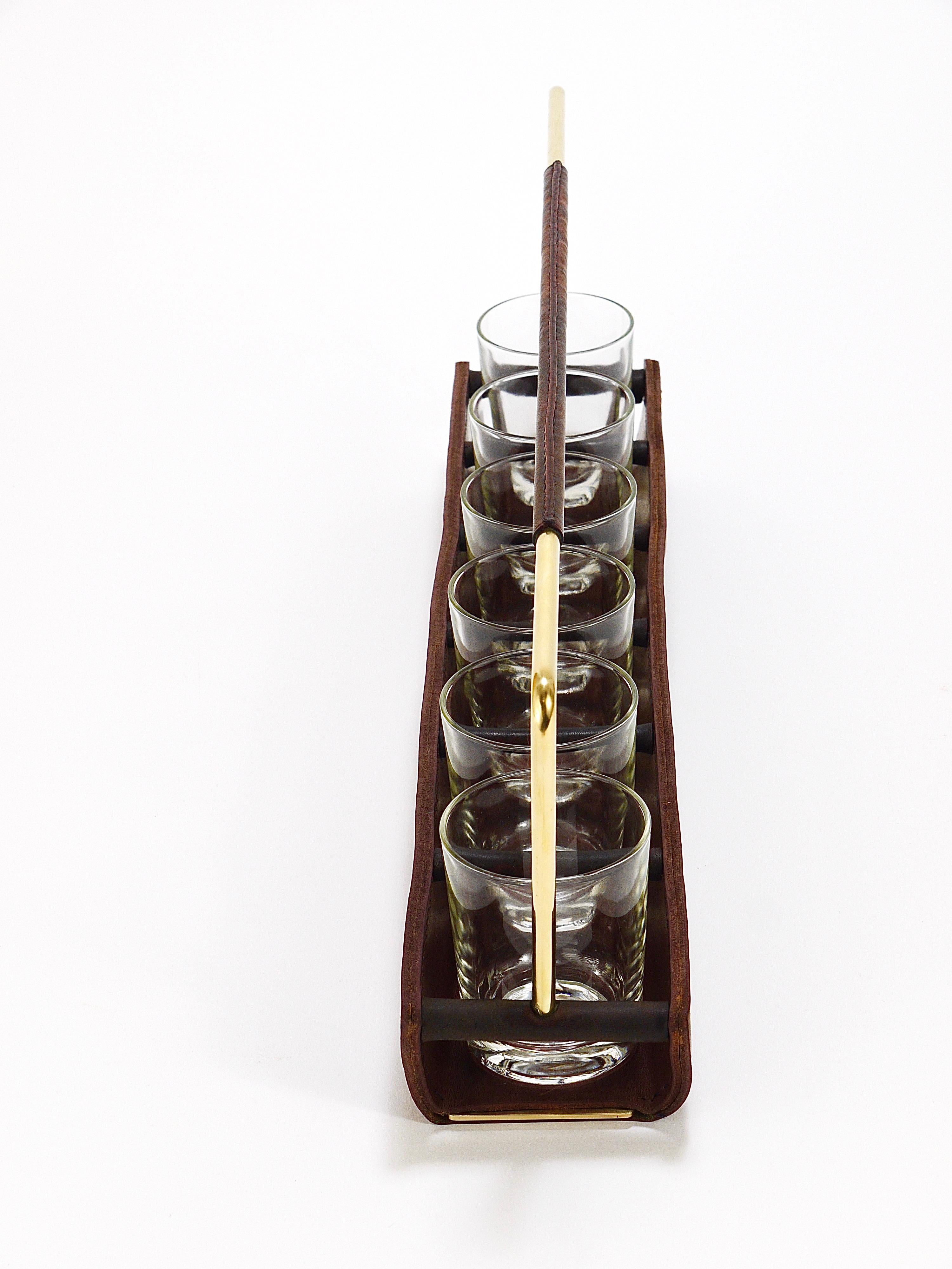 Carl Auböck II Drinking Glass Carrying Rack, Leather & Brass, Austria 1950s For Sale 12