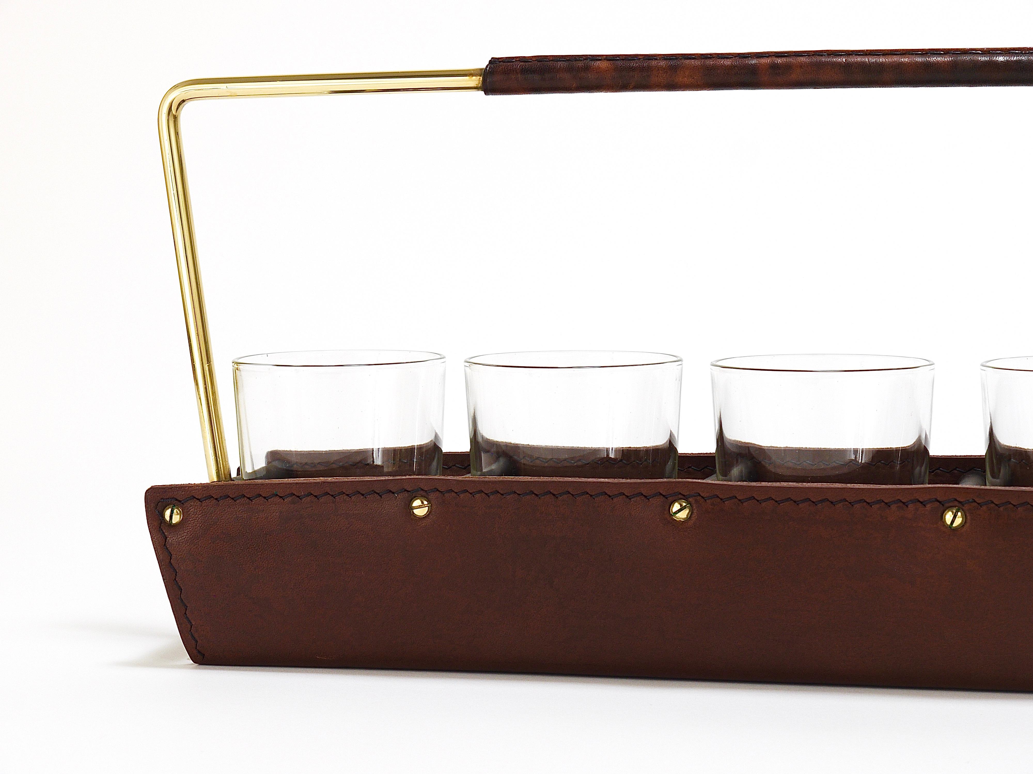 Mid-Century Modern Carl Auböck II Drinking Glass Carrying Rack, Leather & Brass, Austria 1950s For Sale
