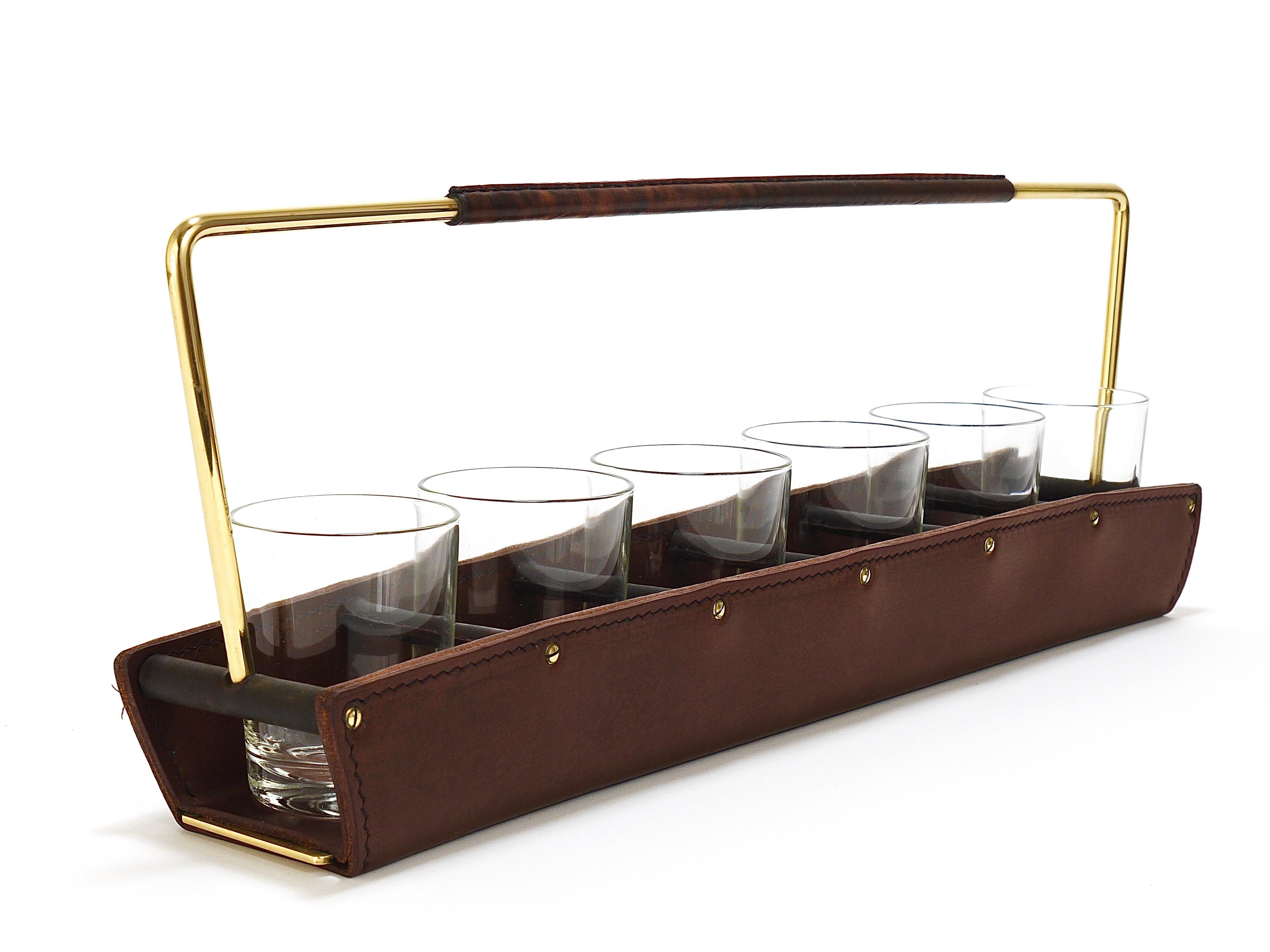Polished Carl Auböck II Drinking Glass Carrying Rack, Leather & Brass, Austria 1950s For Sale