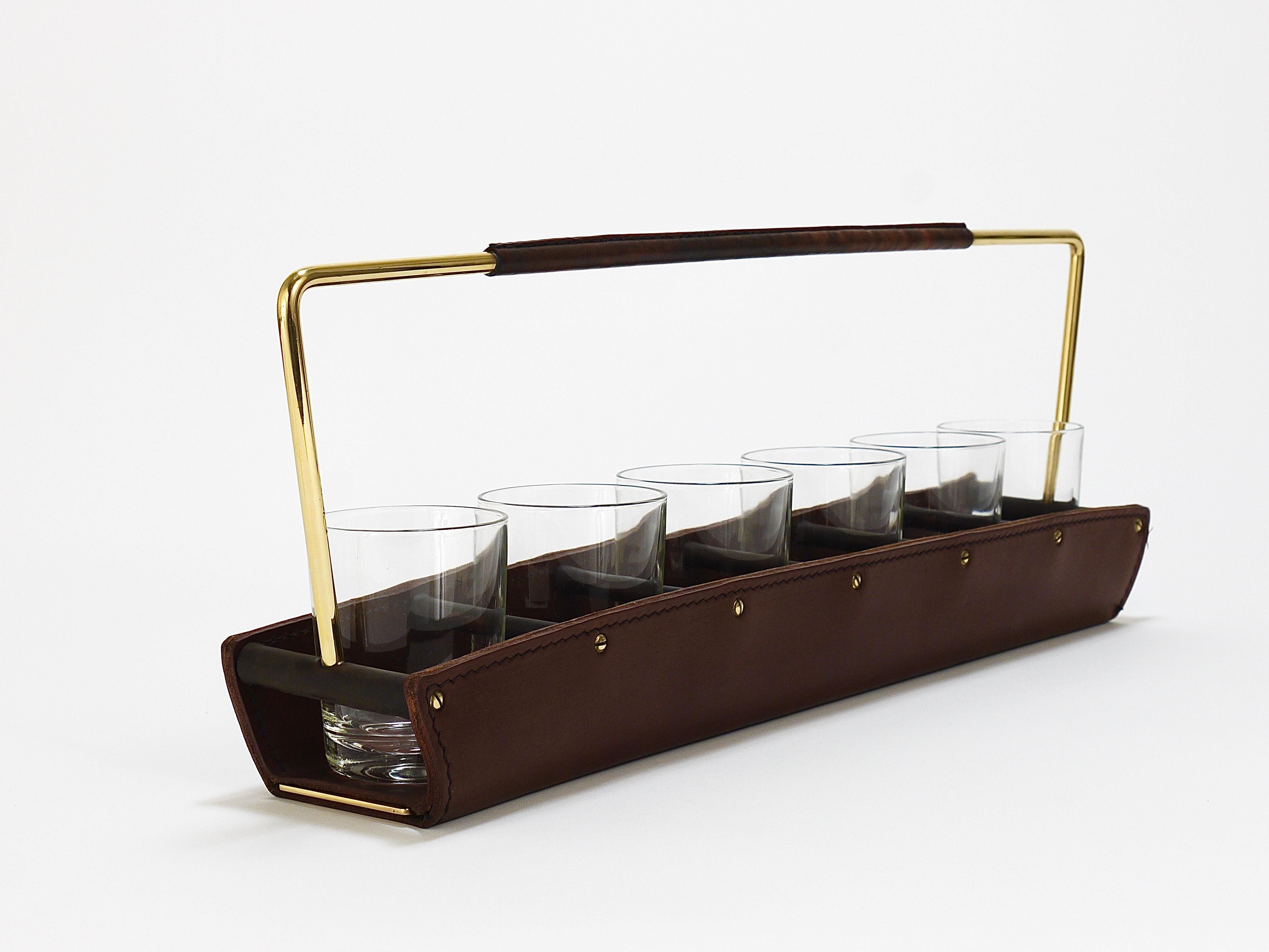 20th Century Carl Auböck II Drinking Glass Carrying Rack, Leather & Brass, Austria 1950s For Sale