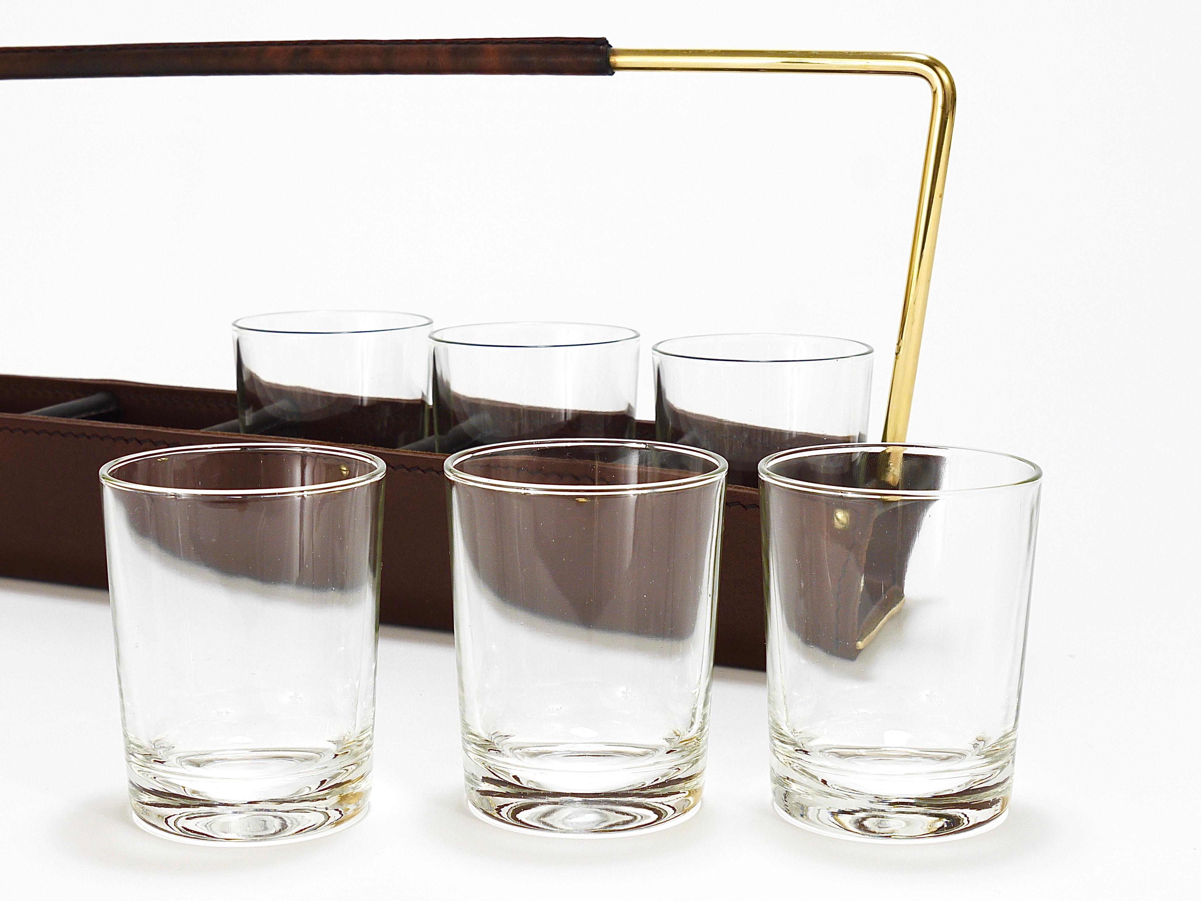 Carl Auböck II Drinking Glass Carrying Rack, Leather & Brass, Austria 1950s For Sale 1