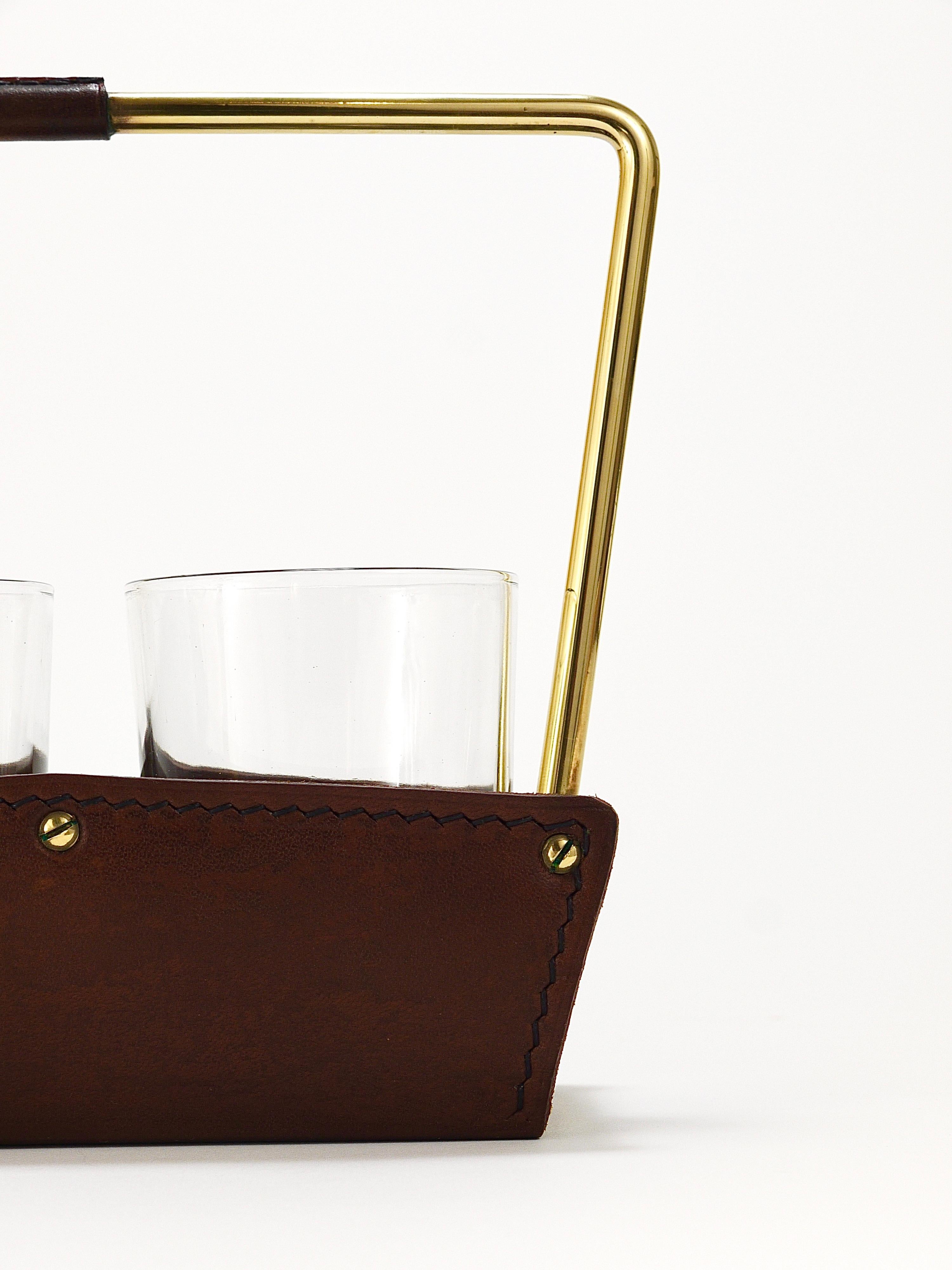 Carl Auböck II Drinking Glass Carrying Rack, Leather & Brass, Austria 1950s For Sale 2