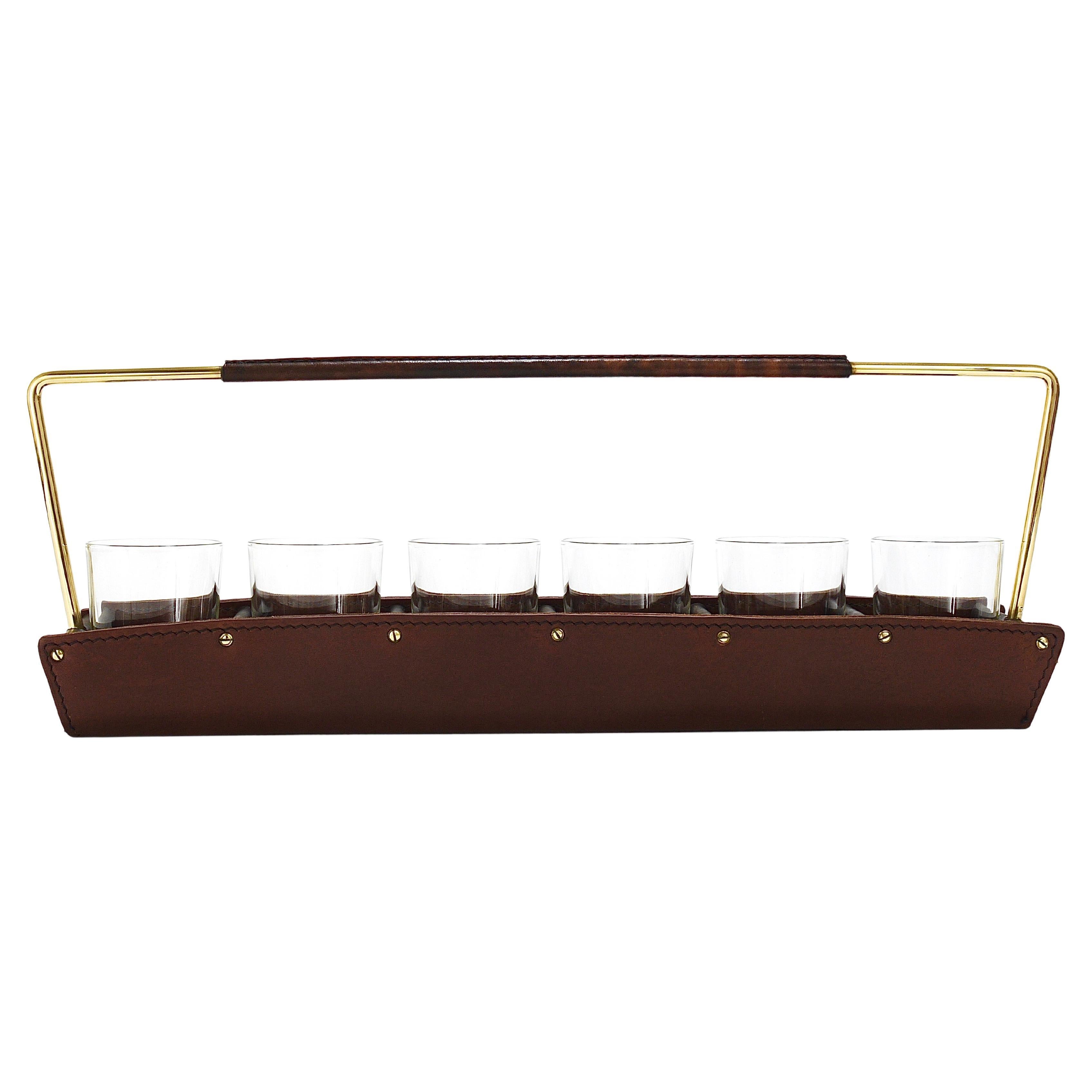 Carl Auböck II Drinking Glass Carrying Rack, Leather & Brass, Austria 1950s