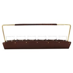 Retro Carl Auböck II Drinking Glass Carrying Rack, Leather & Brass, Austria 1950s