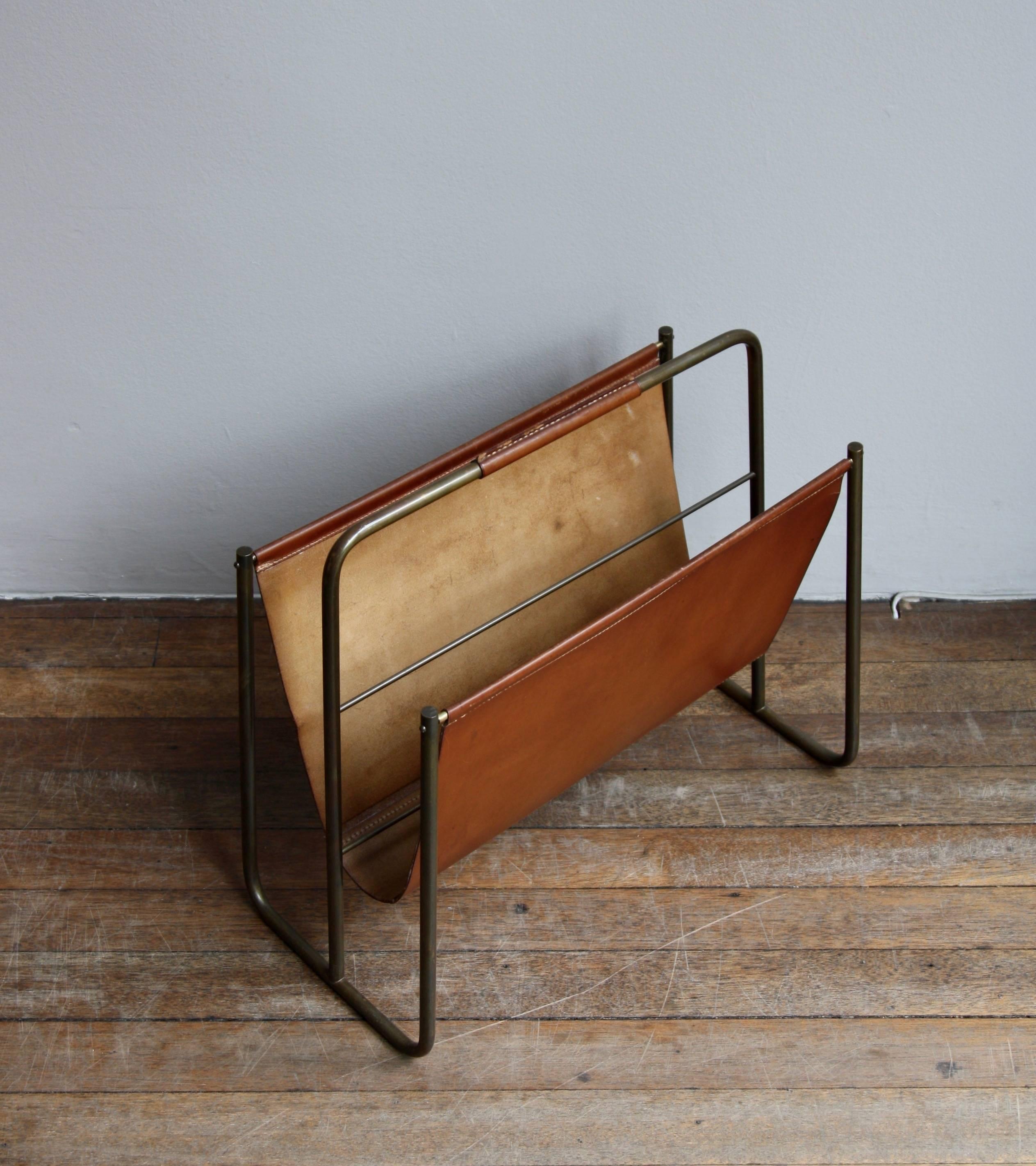 Mid-Century Modern Carl Auböck II Large Vintage 1950s Clay-Color Leather and Brass Magazine Holder