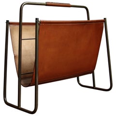 Carl Auböck II Large Vintage 1950s Clay-Color Leather and Brass Magazine Holder