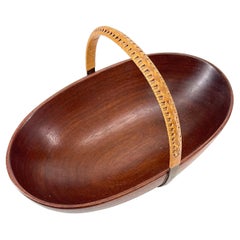 Carl Auböck II, Mid Century Modern Wood Brass Cane Bowl, Austria 1950s