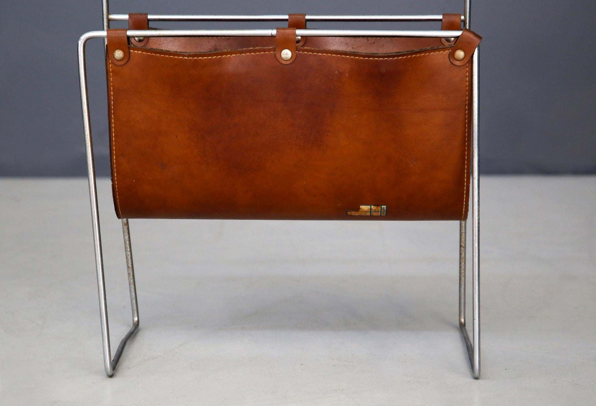 Mid-Century Modern Midcentury Magazine Holder in Leather and Steel, 1950s