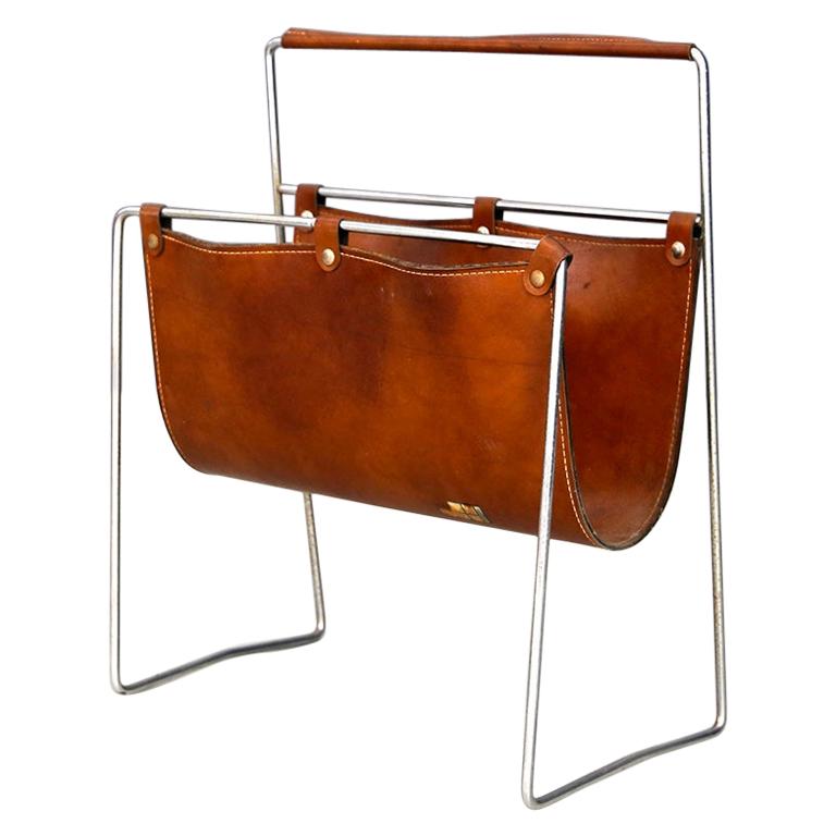 Midcentury Magazine Holder in Leather and Steel, 1950s