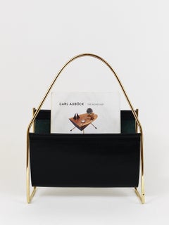 Austrian Modernist Midcentury Magazine Rack, Brass and Black Leather