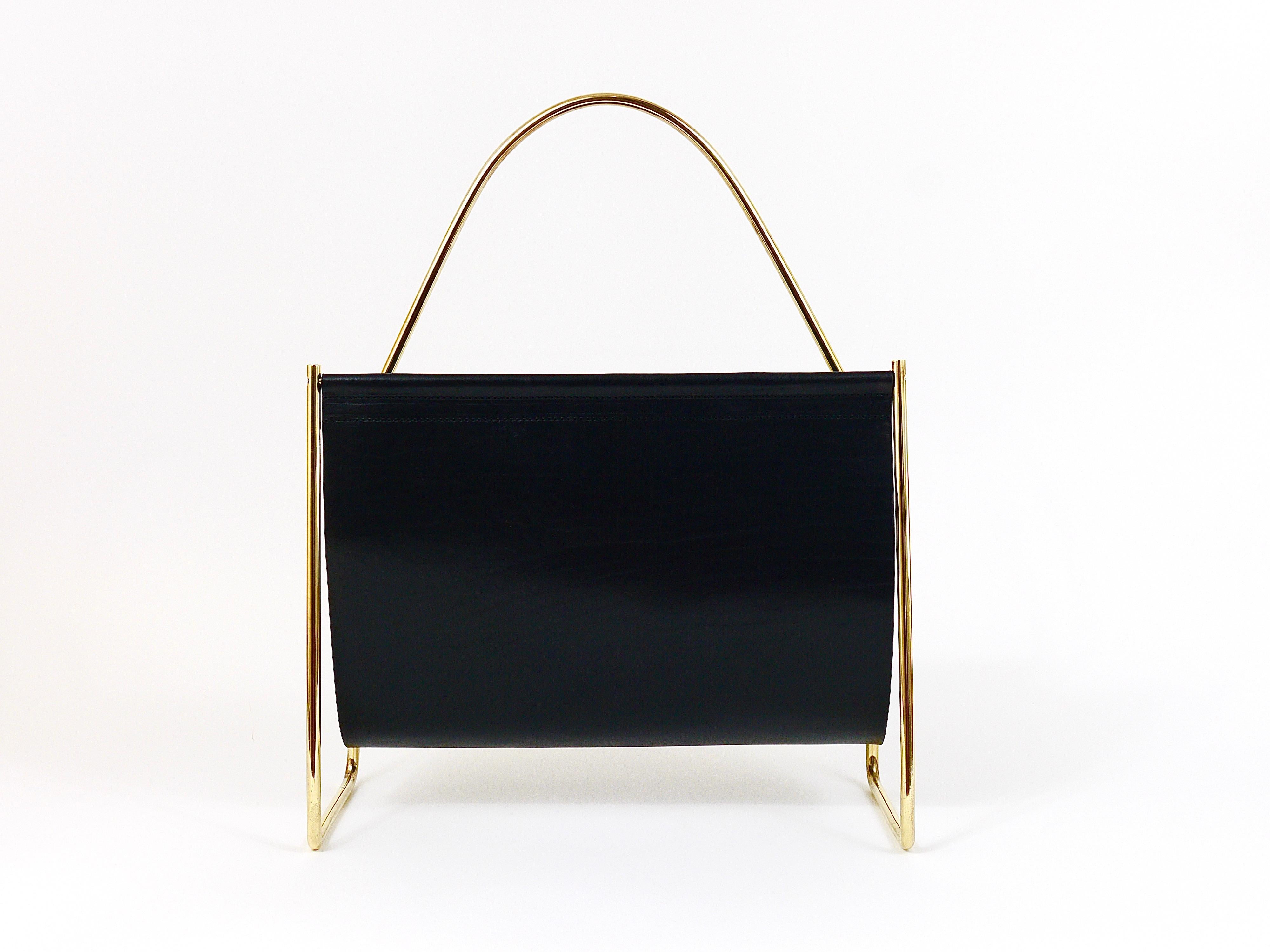 Polished Austrian Modernist Midcentury Magazine Rack, Brass and Black Leather For Sale
