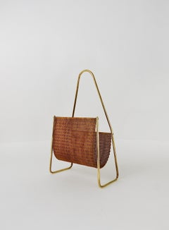 Carl Auböck II Midcentury Magazine Rack, Brass and Woven Cane, Vintage, Austria
