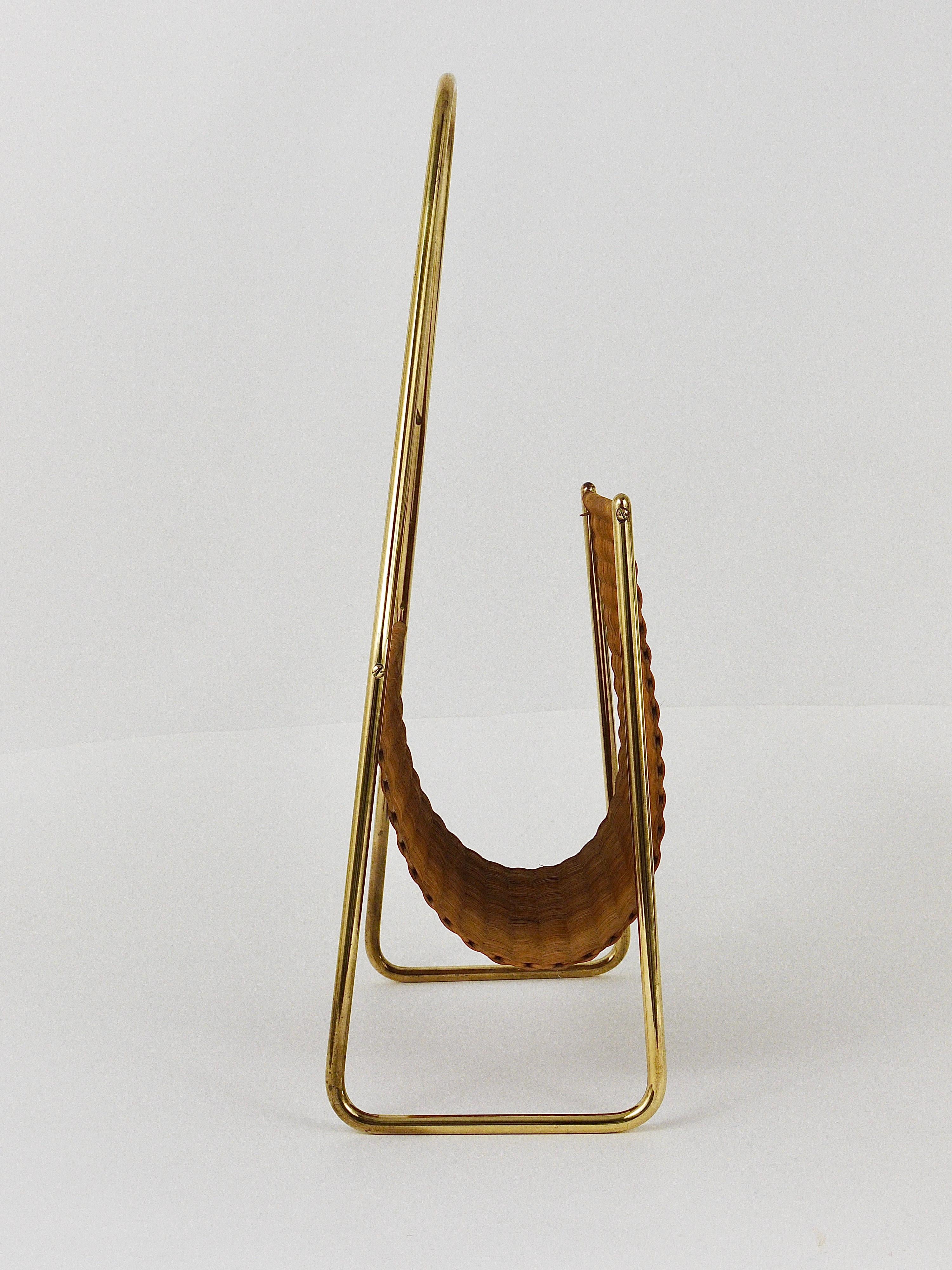 Polished Carl Auböck II Midcentury Magazine Rack, Brass and Woven Cane, Vintage, Austria For Sale