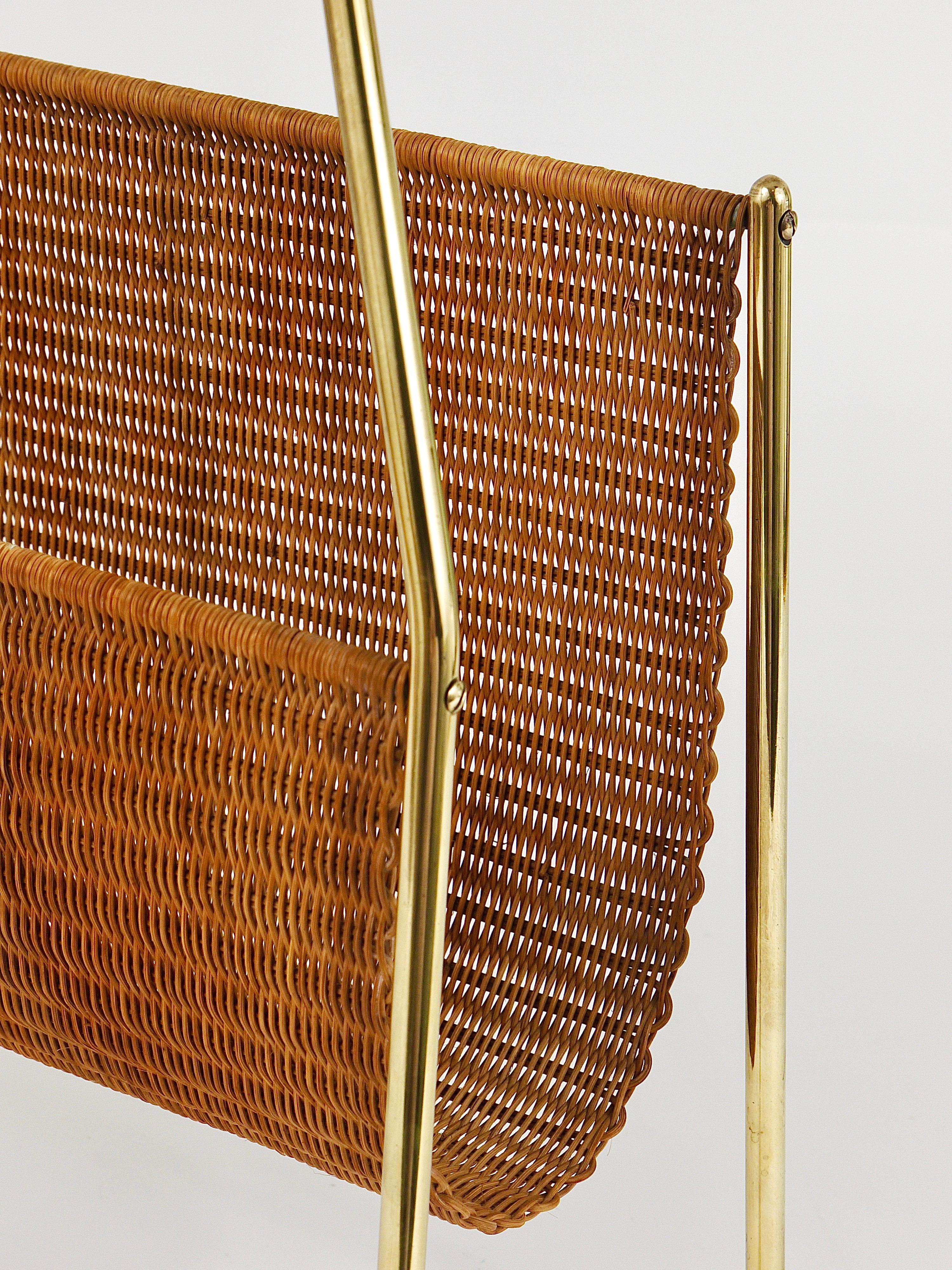 Carl Auböck II Midcentury Magazine Rack, Brass and Woven Cane, Vintage, Austria For Sale 2