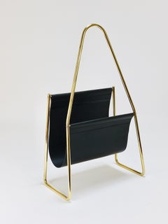 Carl Auböck II Midcentury Magazine Rack, Brass & Black Leather, Vintage, Austria