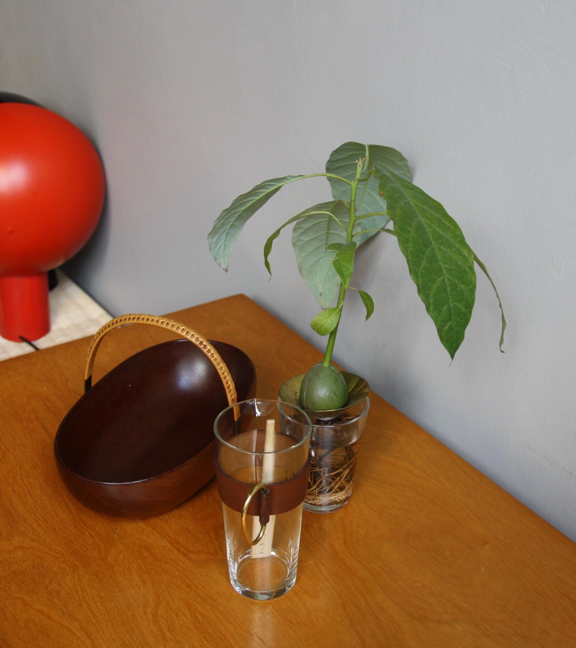 Austrian Carl Auböck II Mouth Blown Glass Pitcher with Leather Sleeve and Brass Handle