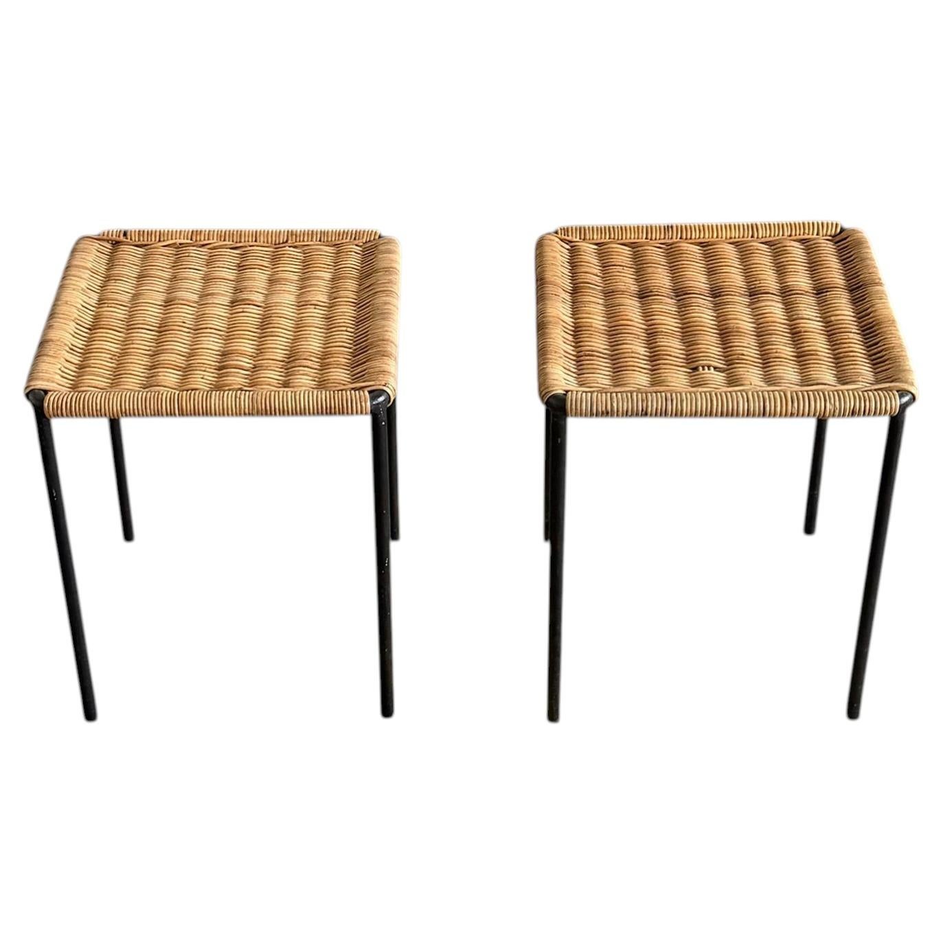 Carl Auböck II. Pair Rattan Side Tables, Austria 1950s
