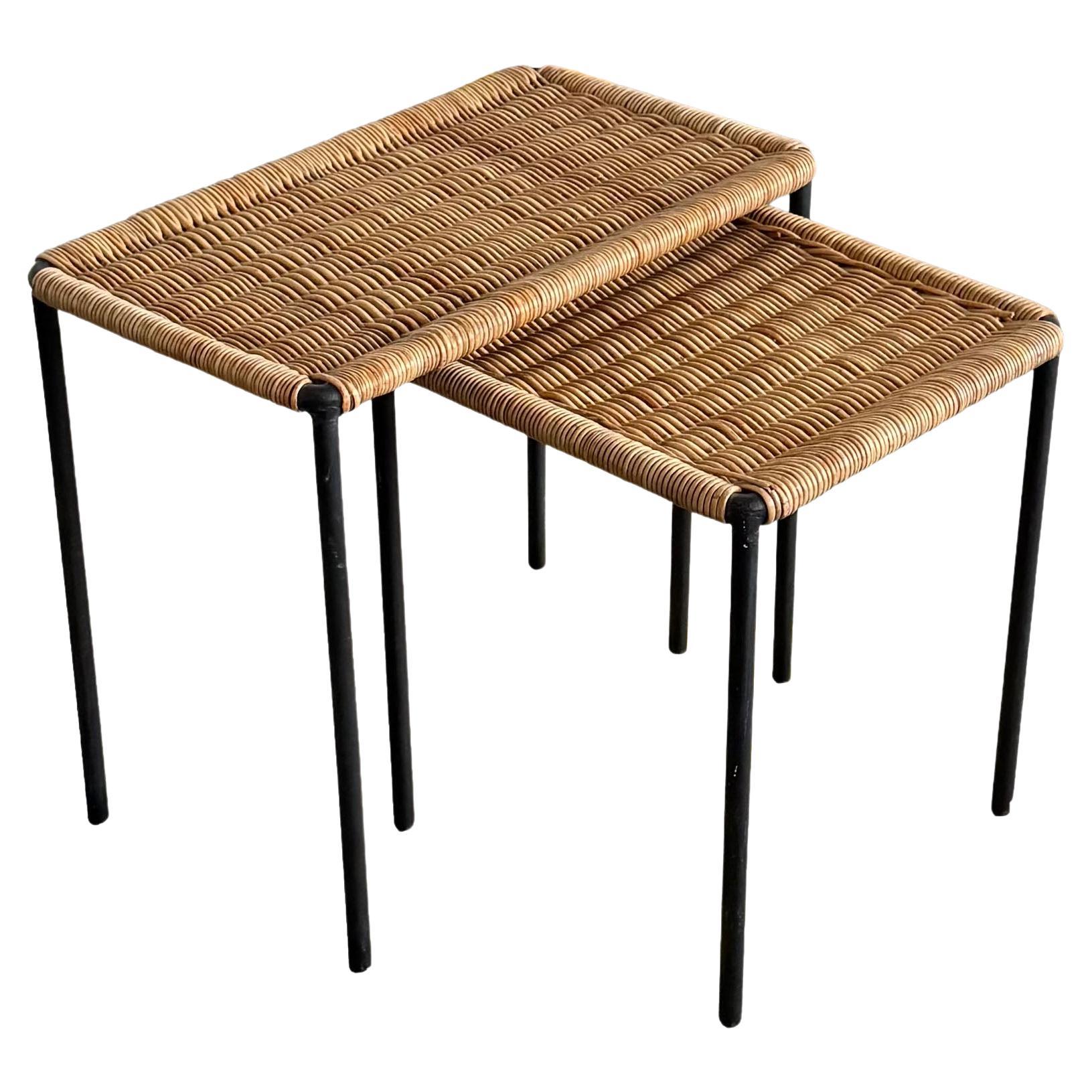 Carl Auböck II. Rattan Iron Side Nesting Tables, Austria 1950s