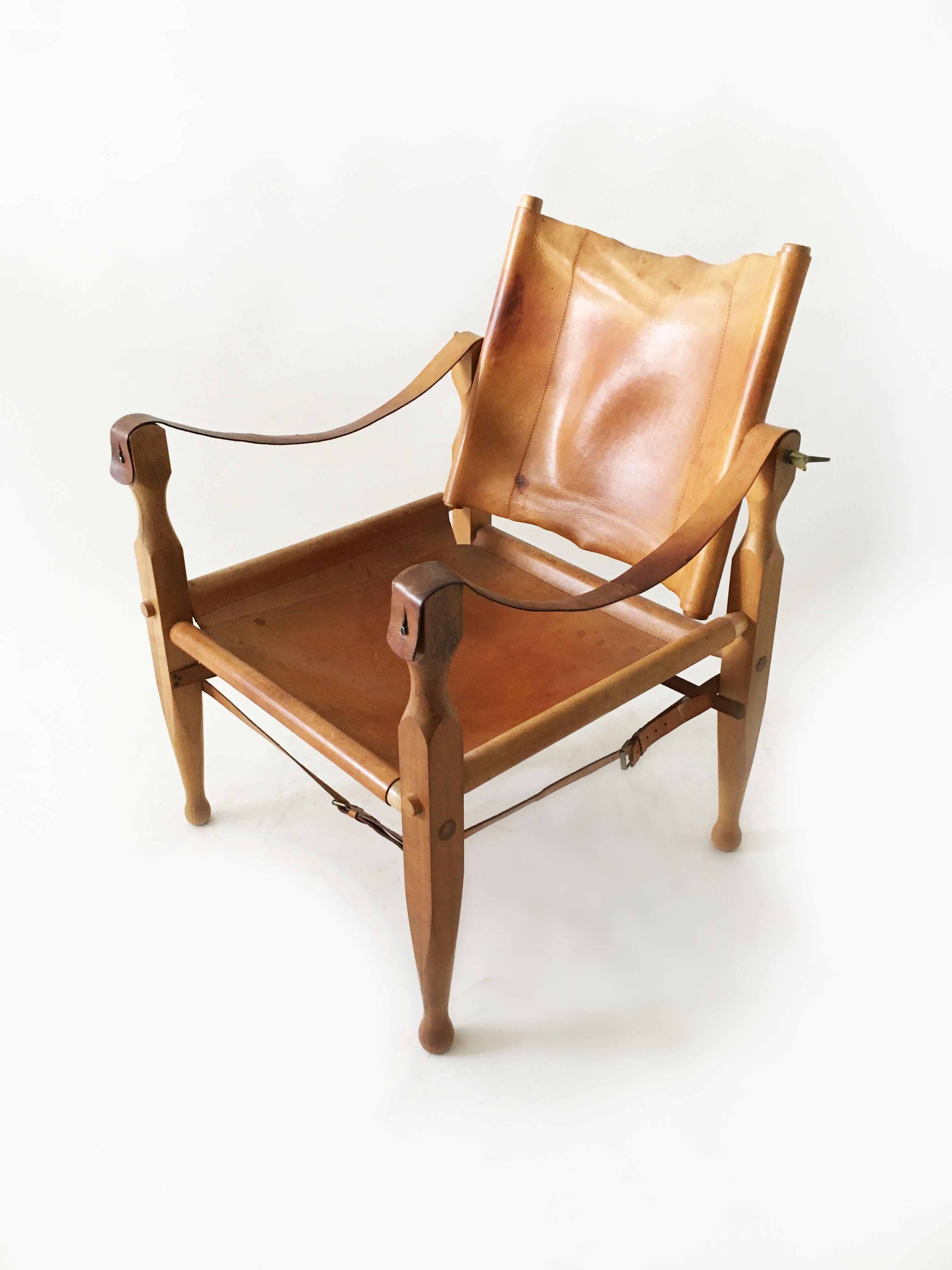 Austrian Carl Auböck II, Safari Chair Model 4979, Patinated Cognac Leather, Austria 1950s For Sale