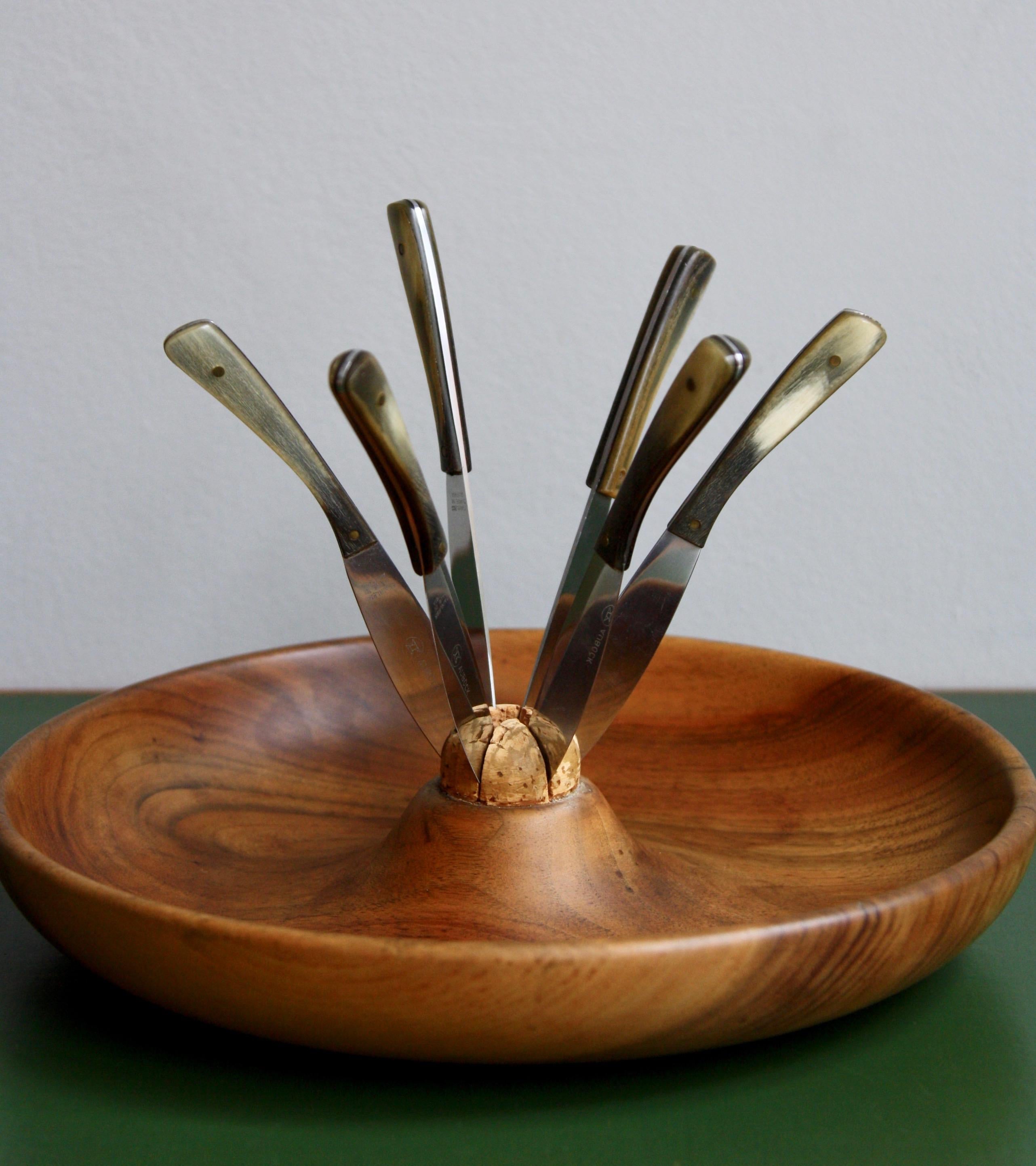 Mid-Century Modern Carl Auböck II Vintage 1950s Carved Walnut Fruit Bowl & Knife Set, Model #4640