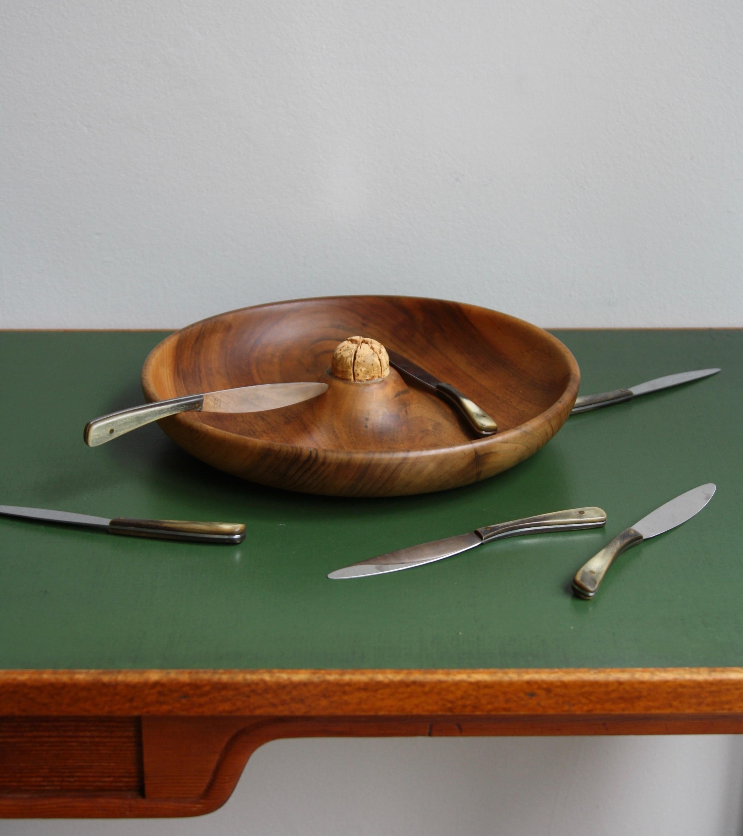Carl Auböck II Vintage 1950s Carved Walnut Fruit Bowl & Knife Set, Model #4640 1