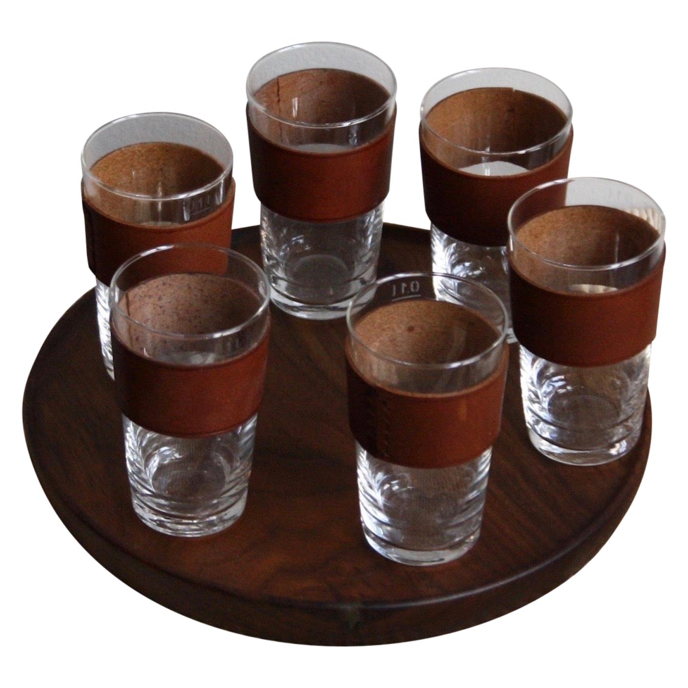 Carl Auböck II Vintage Schnapps Set, Leather & Handblown Glass with Walnut Board