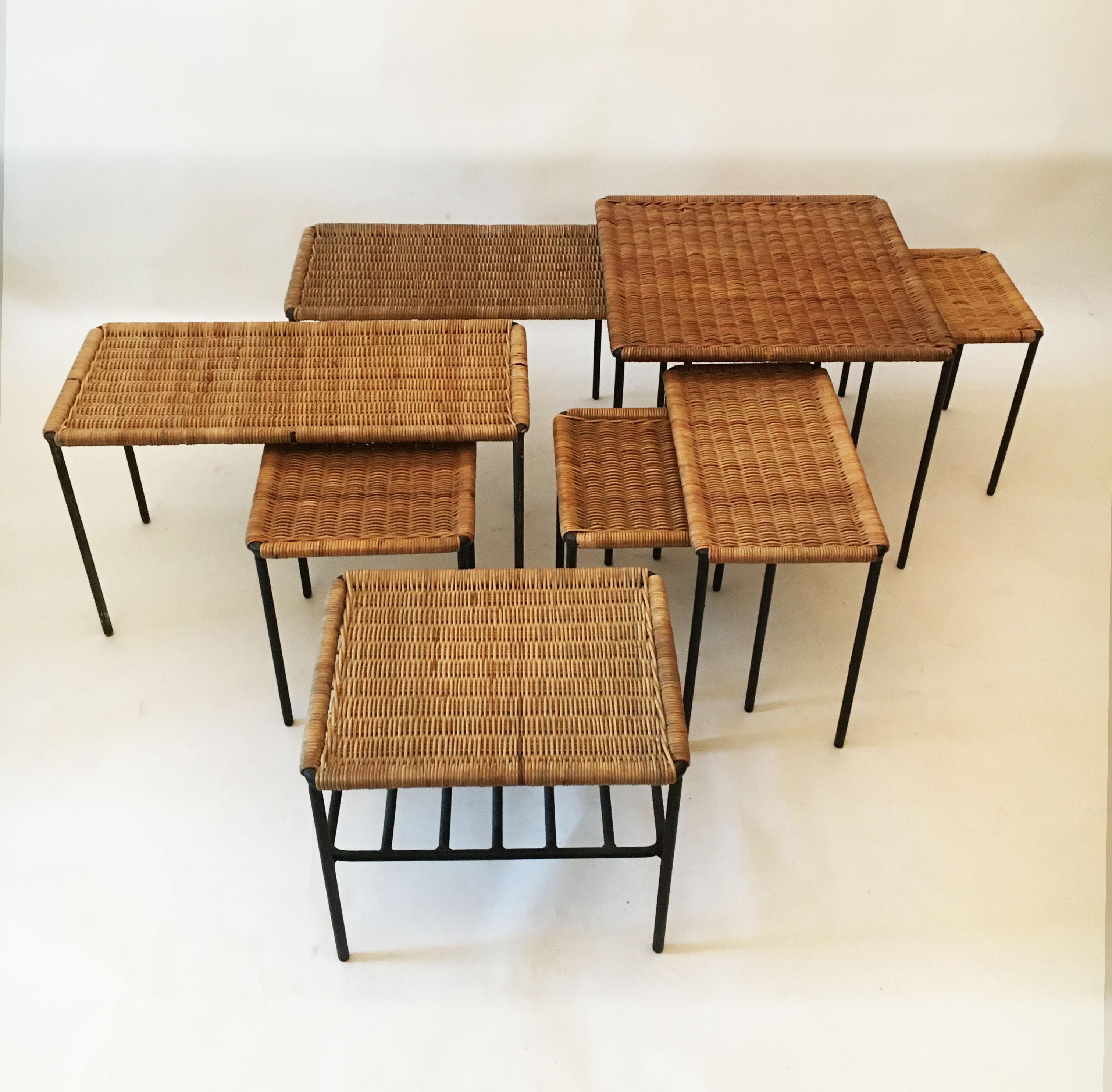 Carl Auböck II woven wicker Table collection, set of eight, circa 1950

A rectangular table collection designed and made by Carl Auböck II, Vienna, Austria, circa 1950. The table's frames are made from slender steel bars which has been lacquered