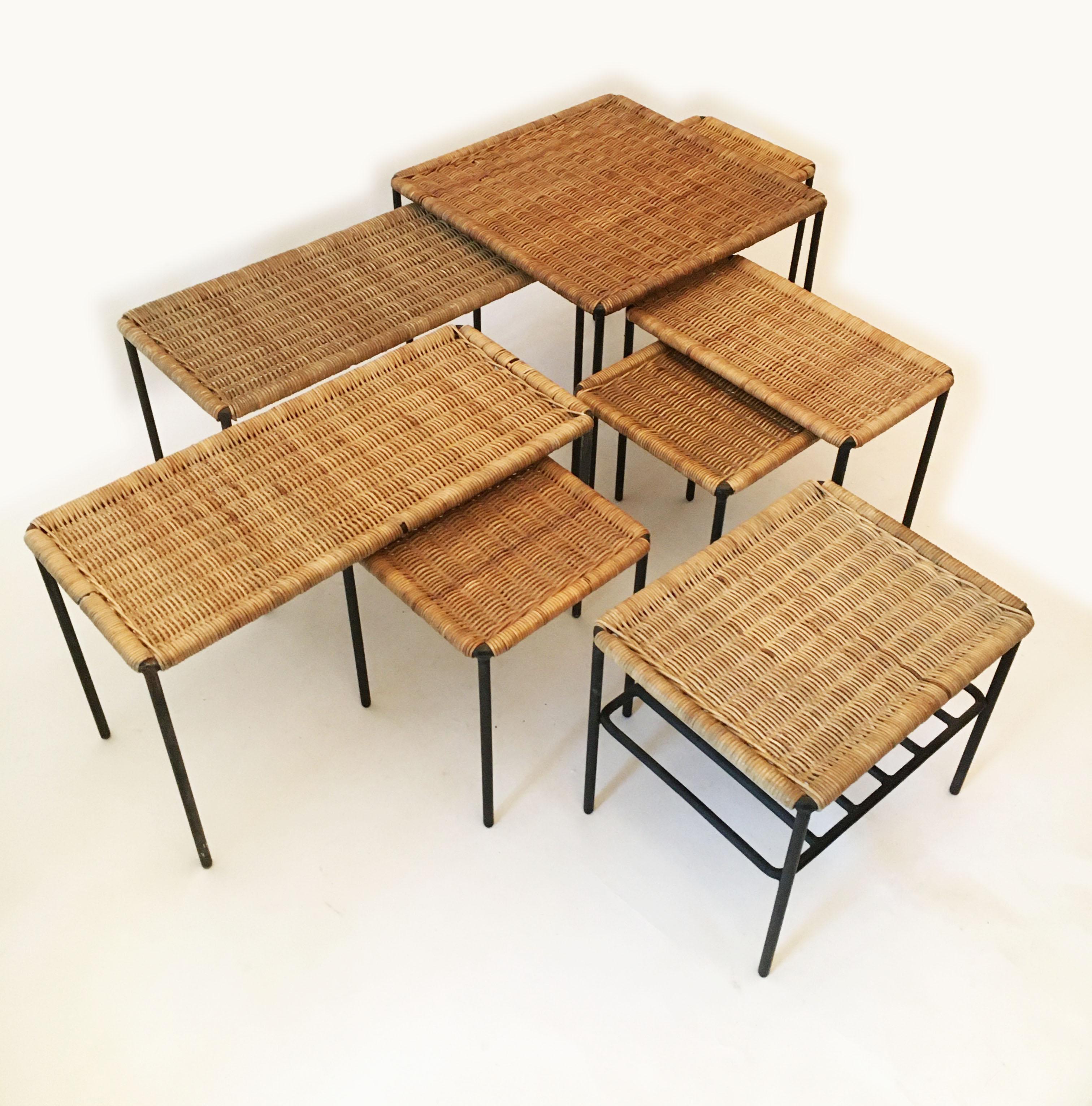 Mid-Century Modern Carl Auböck II Woven Wicker Table Collection, Set of Eight, circa 1950 For Sale