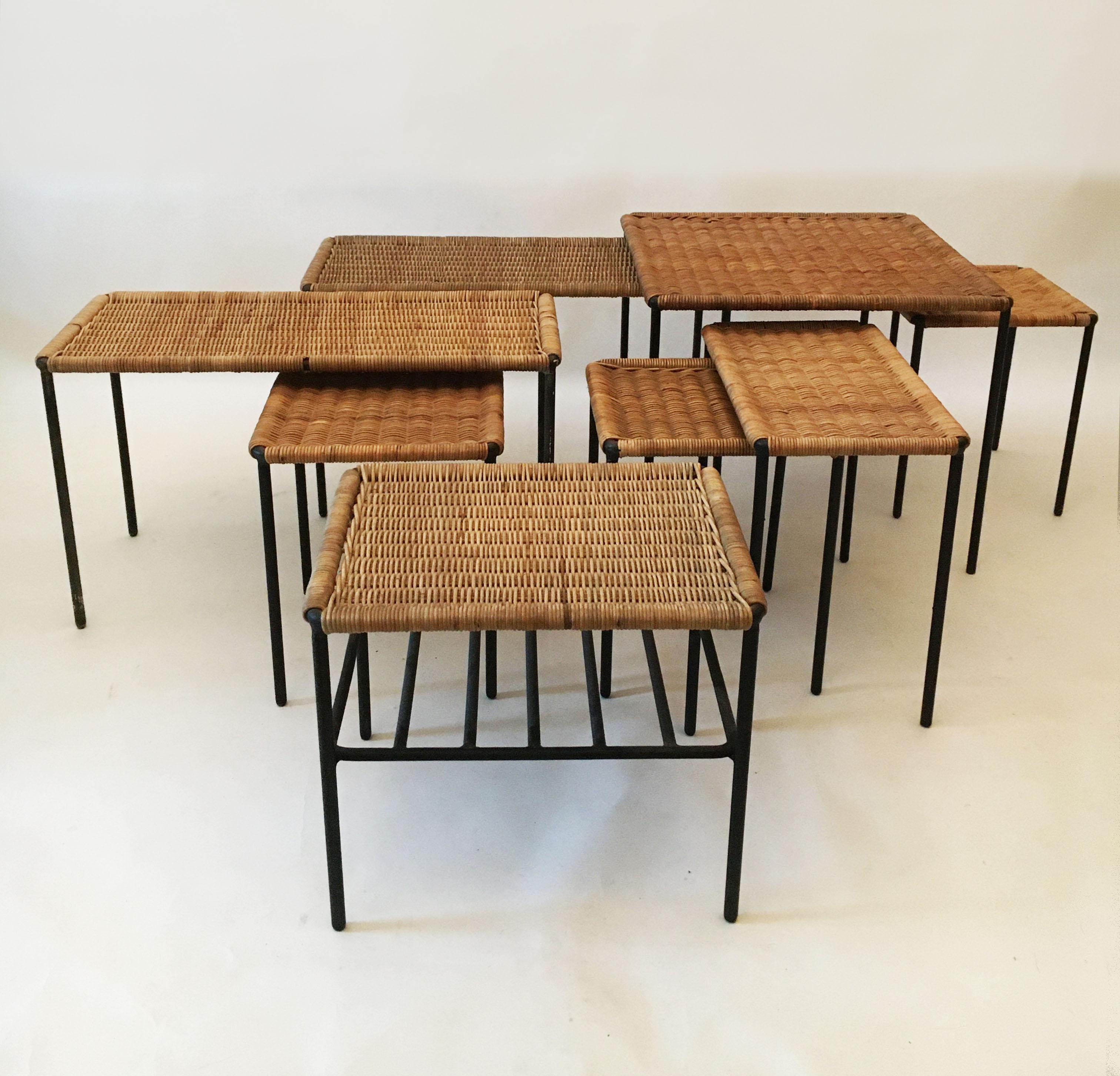 Austrian Carl Auböck II Woven Wicker Table Collection, Set of Eight, circa 1950 For Sale