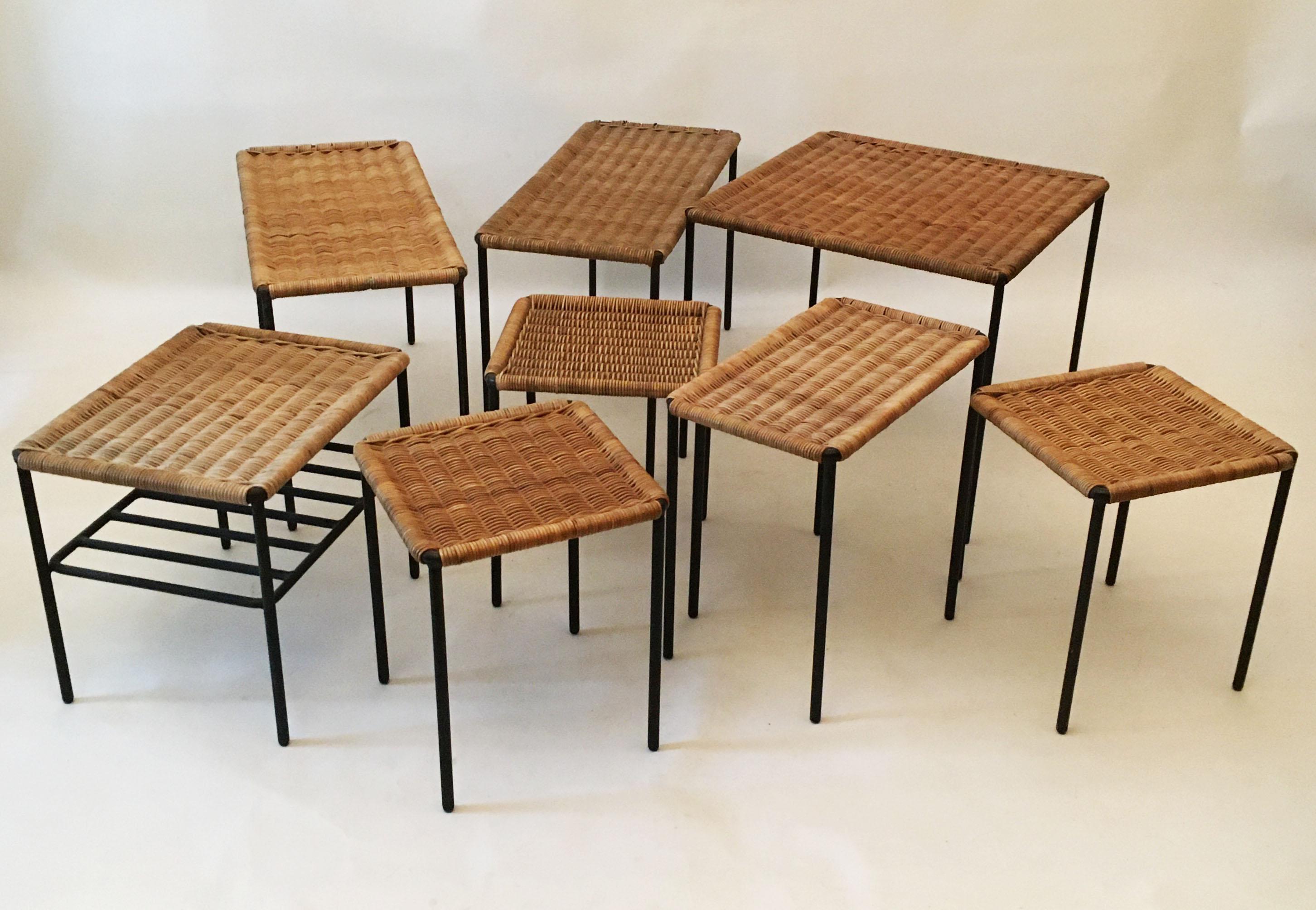 Carl Auböck II Woven Wicker Table Collection, Set of Eight, circa 1950 In Good Condition For Sale In Vienna, AT