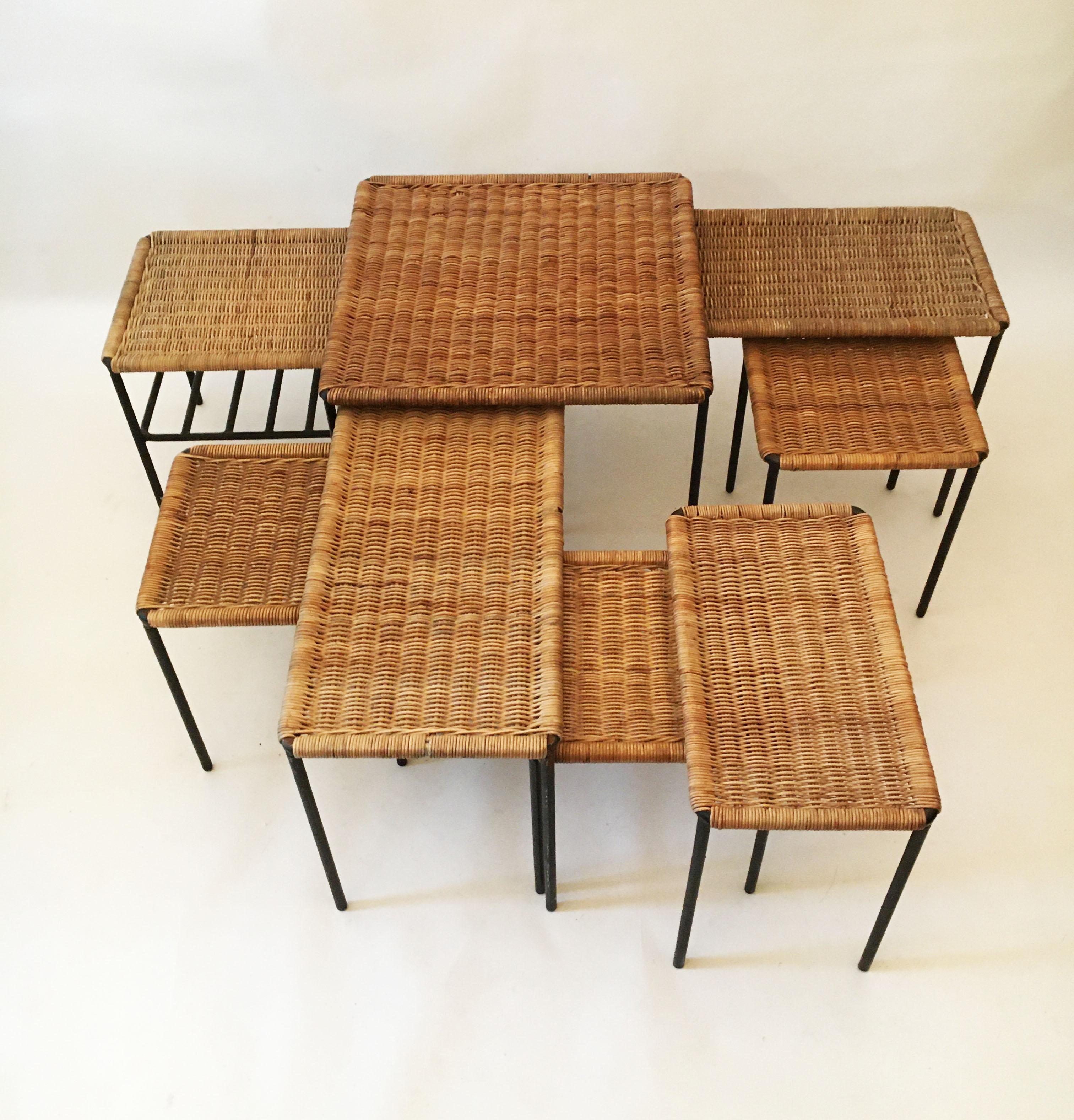 Mid-20th Century Carl Auböck II Woven Wicker Table Collection, Set of Eight, circa 1950 For Sale