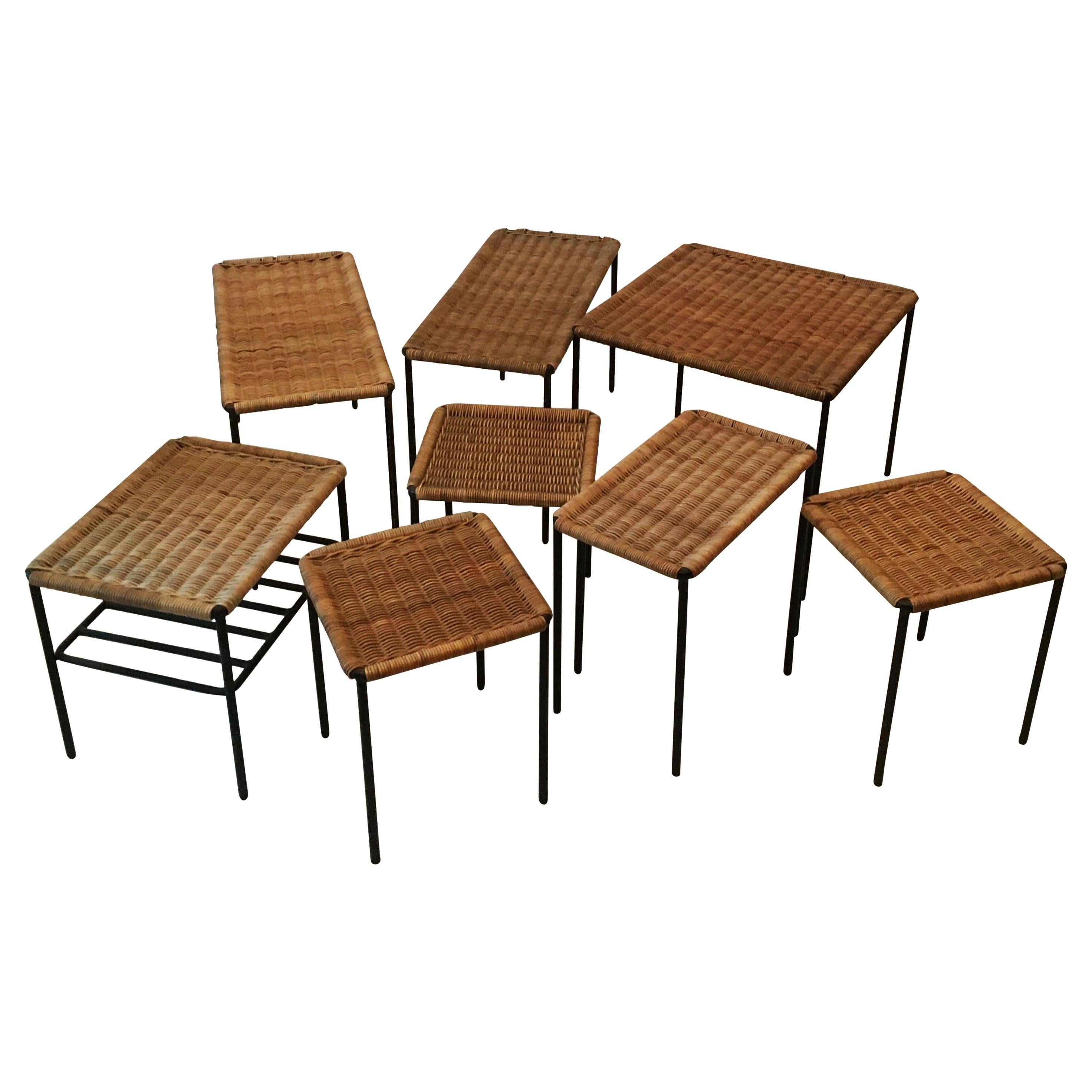 Carl Auböck II Woven Wicker Table Collection, Set of Eight, circa 1950 For Sale