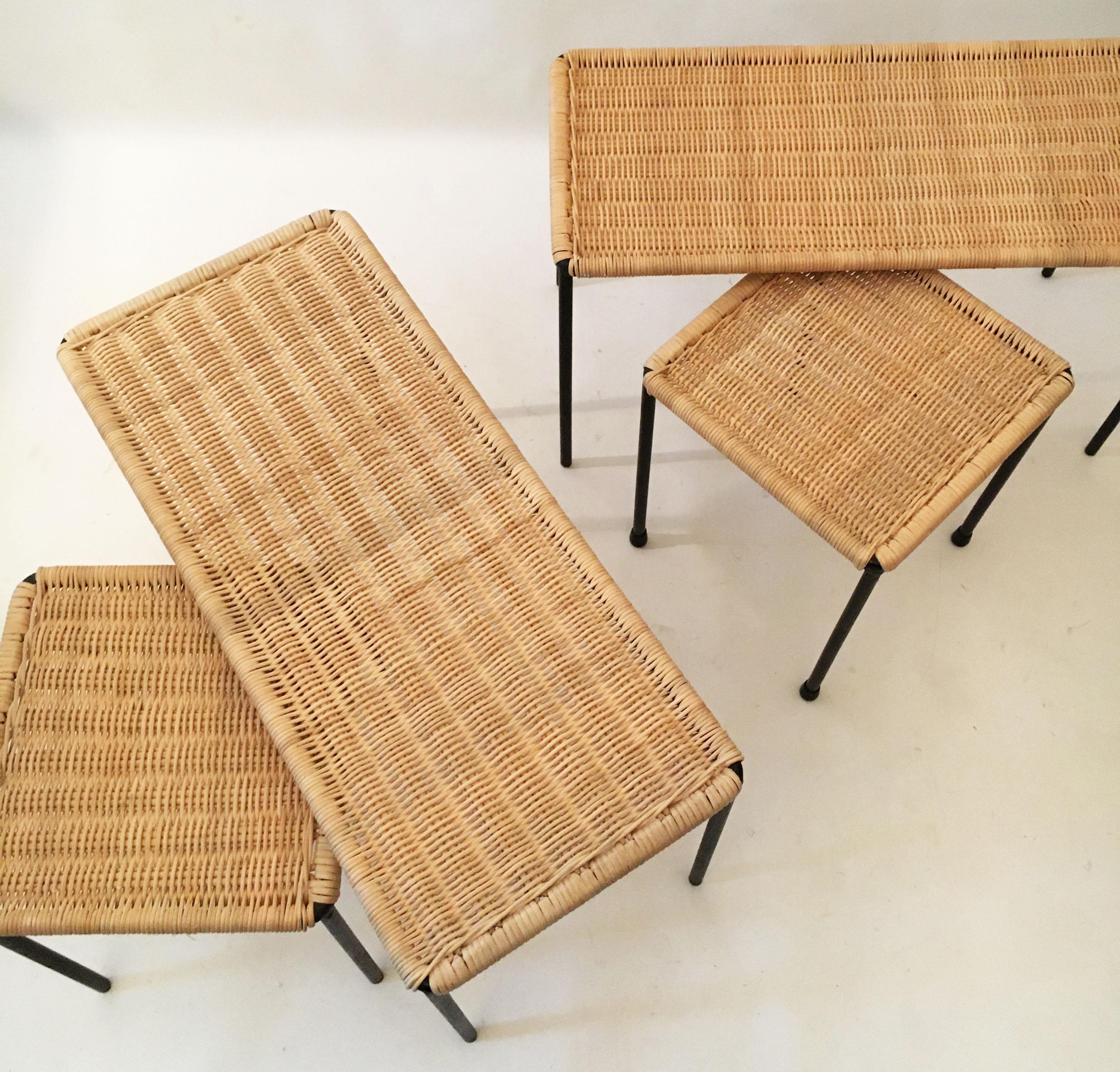 Carl Auböck II Woven Wicker Table Collection, Set of Four, circa 1950 5
