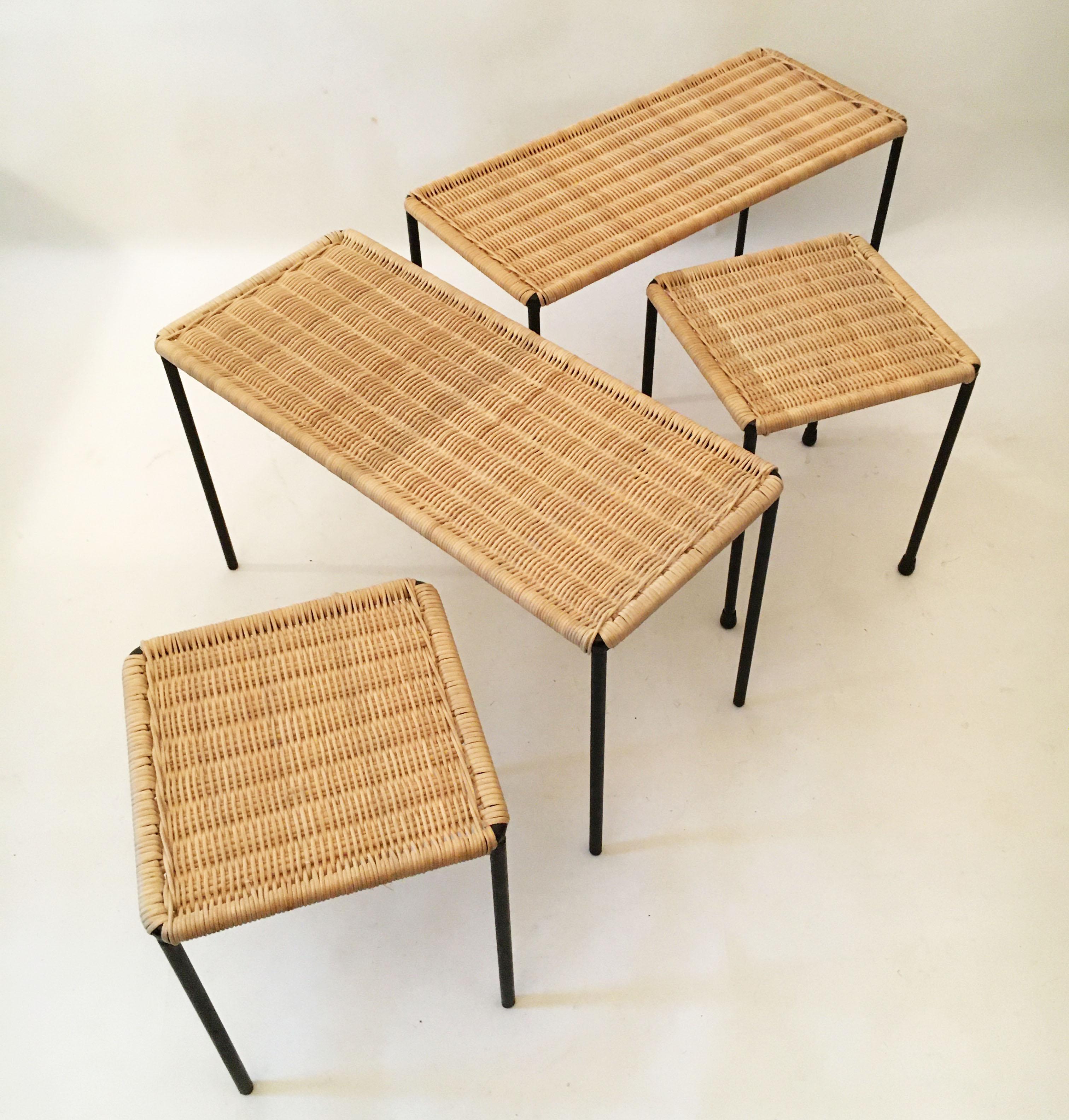 Carl Auböck II Woven Wicker Table Collection, Set of Four, circa 1950 11