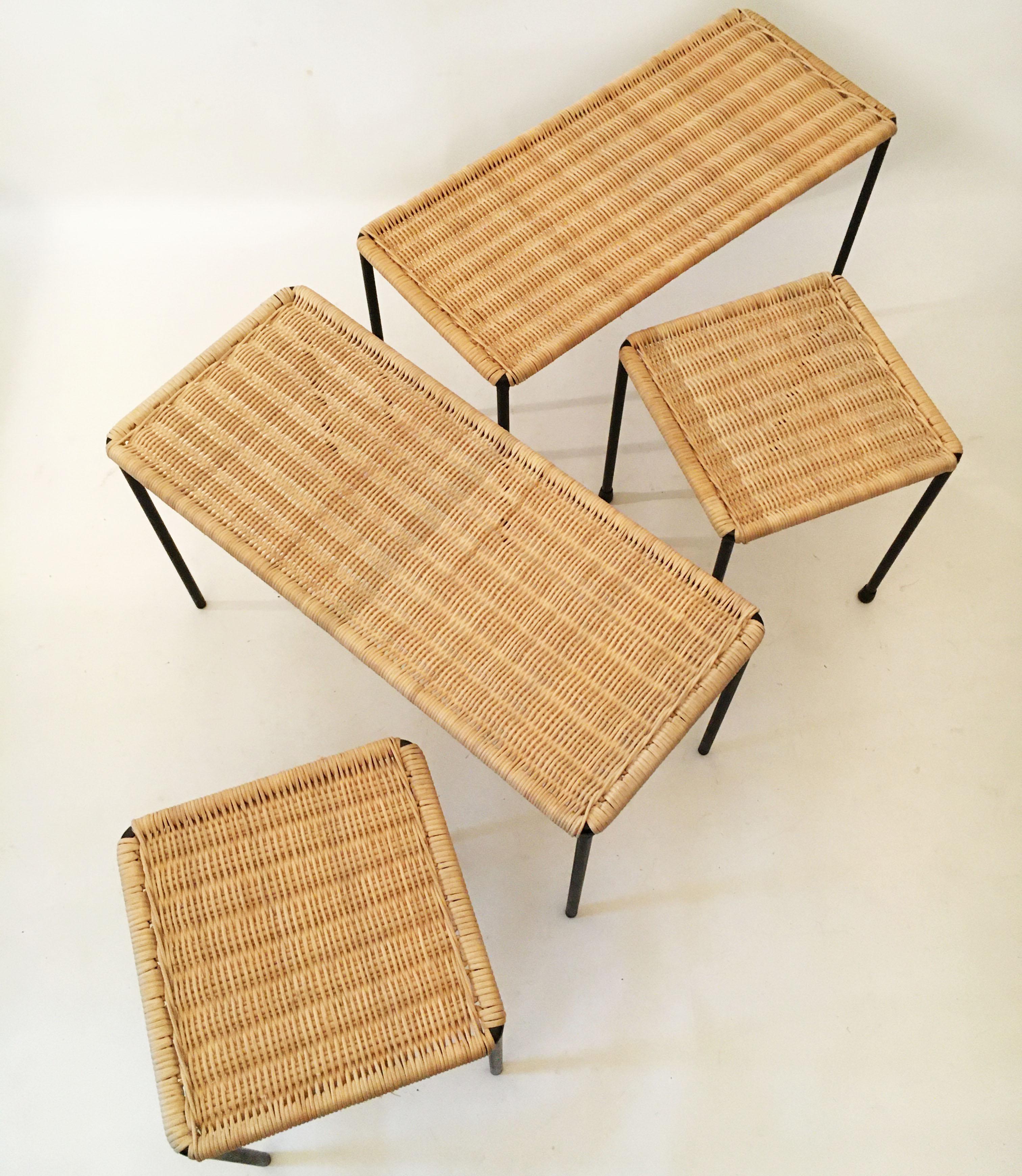 Carl Auböck II Woven Wicker Table Collection, Set of Four, circa 1950 12