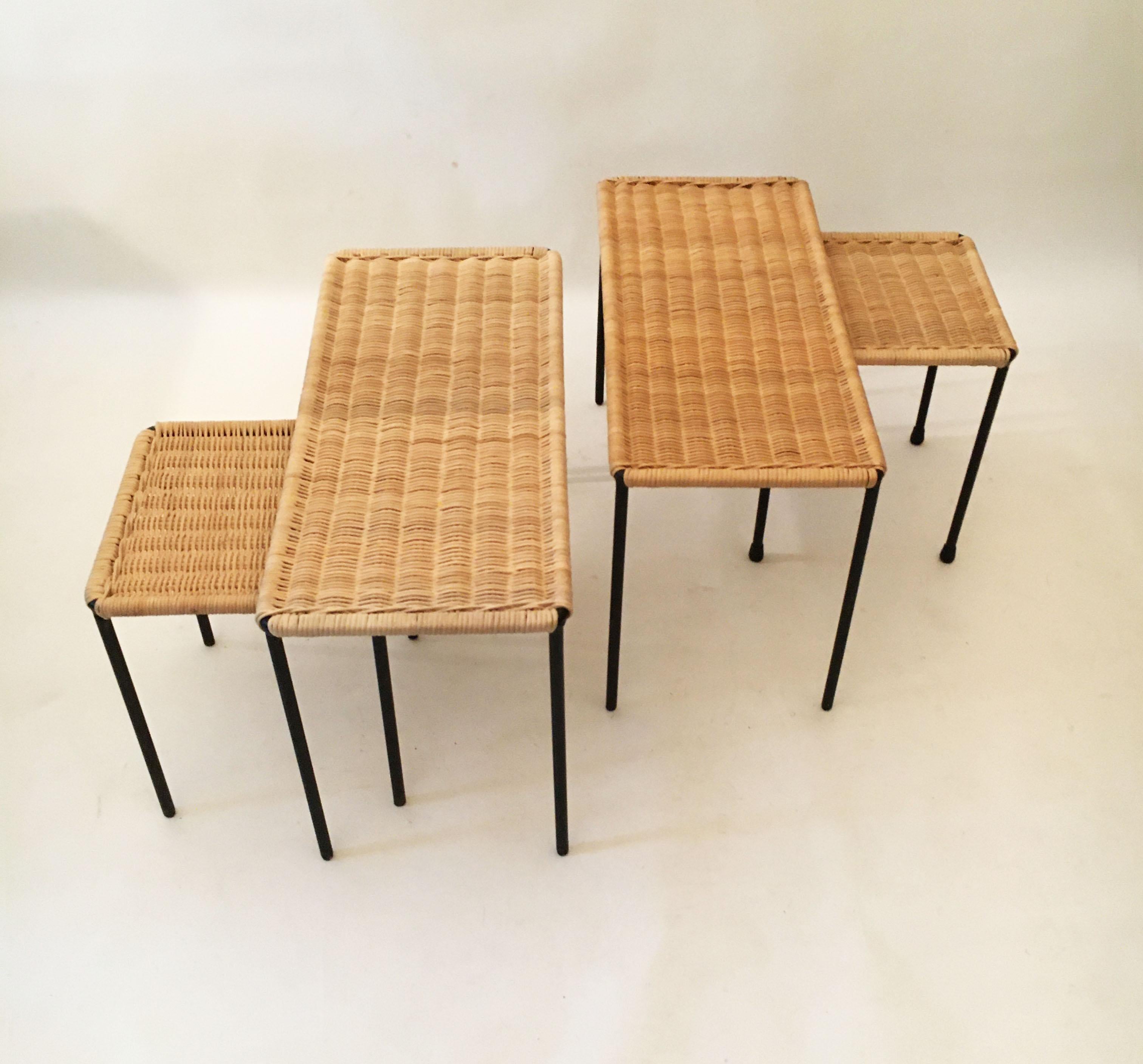 Carl Auböck II Woven Wicker table collection, Set of four, circa 1950

A rectangular table collection designed and made by Carl Auböck II, Vienna, Austria, circa 1950. The table's frames are made from slender steel bars which has been lacquered in