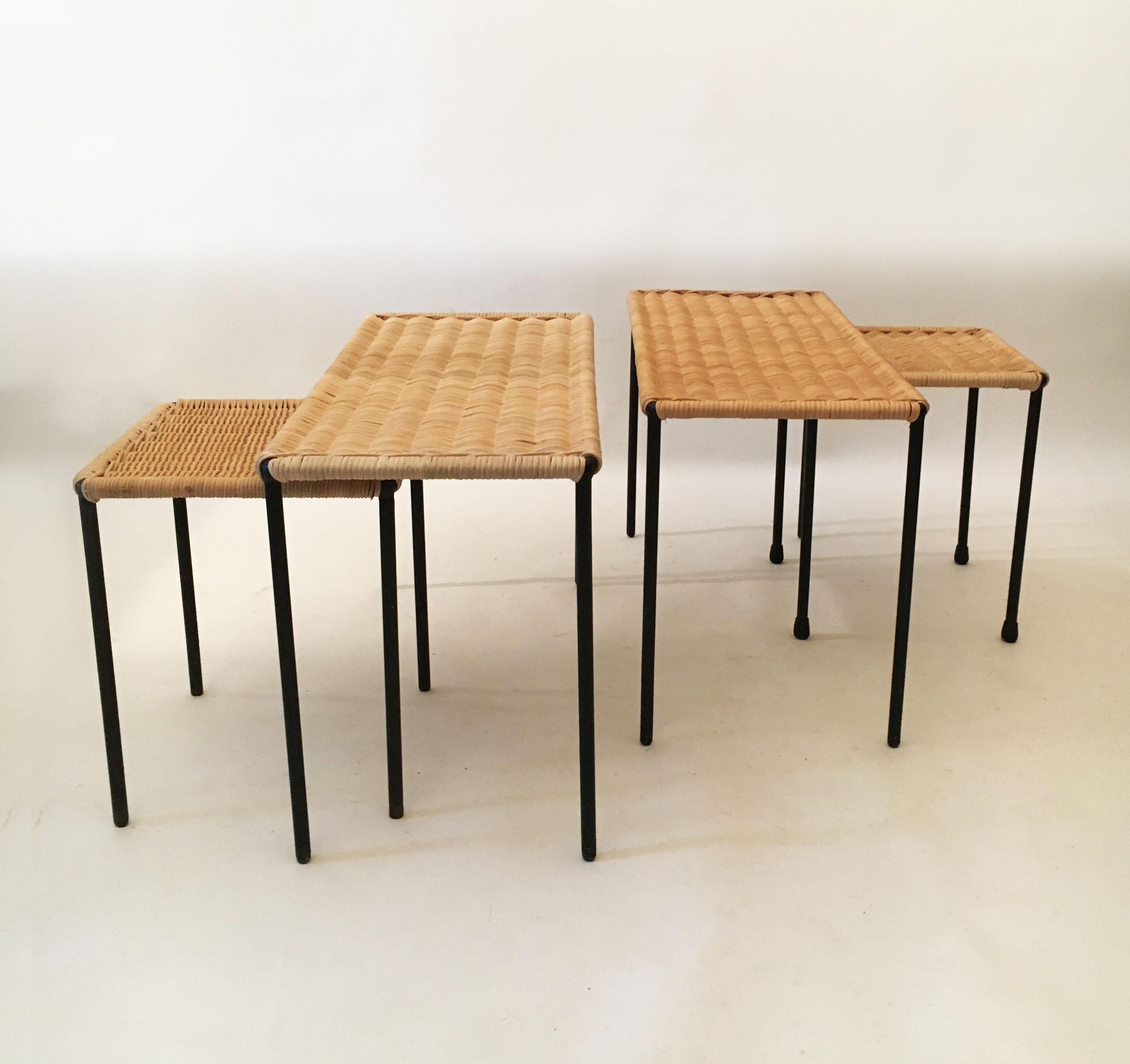 Mid-Century Modern Carl Auböck II Woven Wicker Table Collection, Set of Four, circa 1950