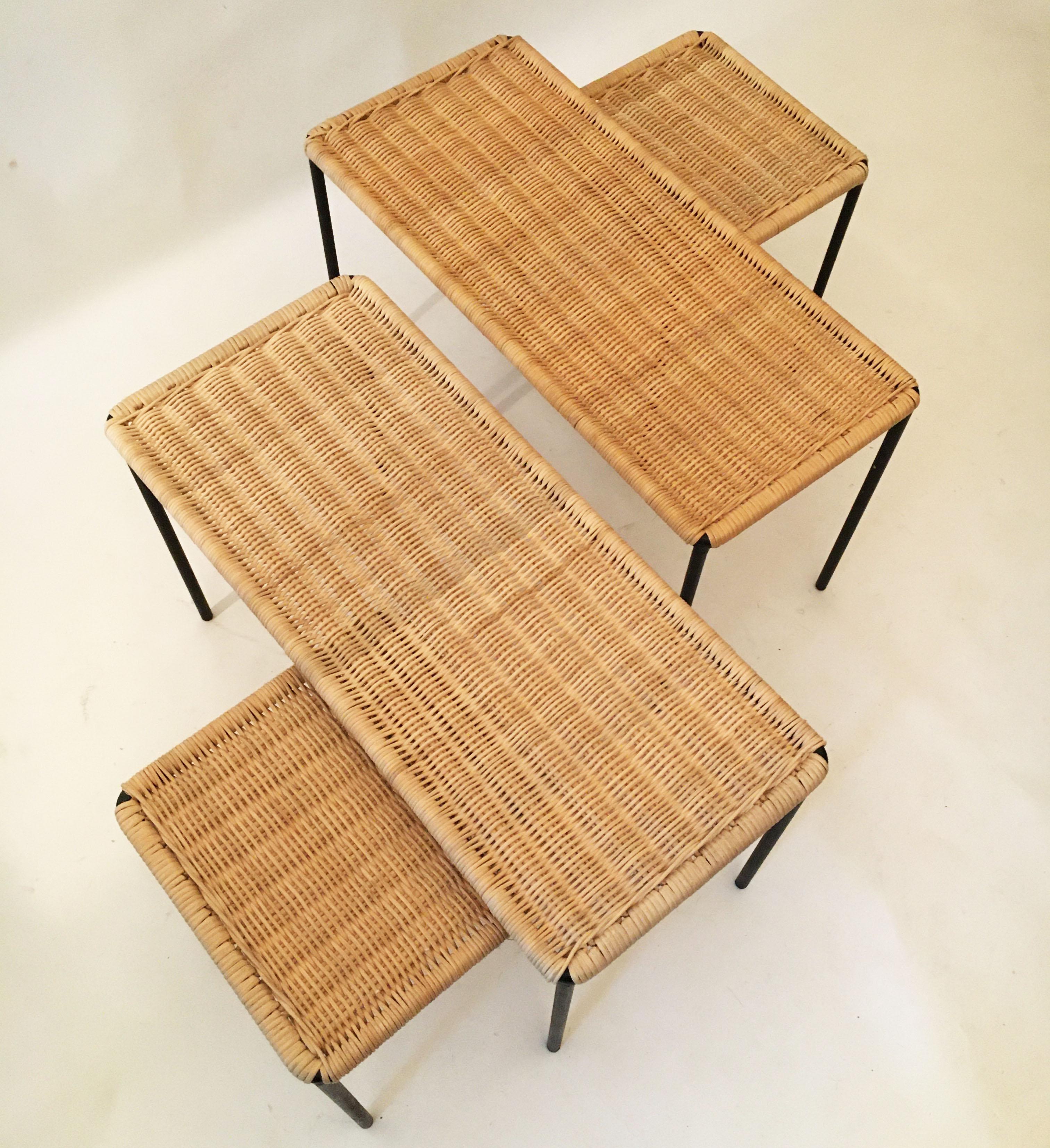 Carl Auböck II Woven Wicker Table Collection, Set of Four, circa 1950 In Good Condition In Vienna, AT
