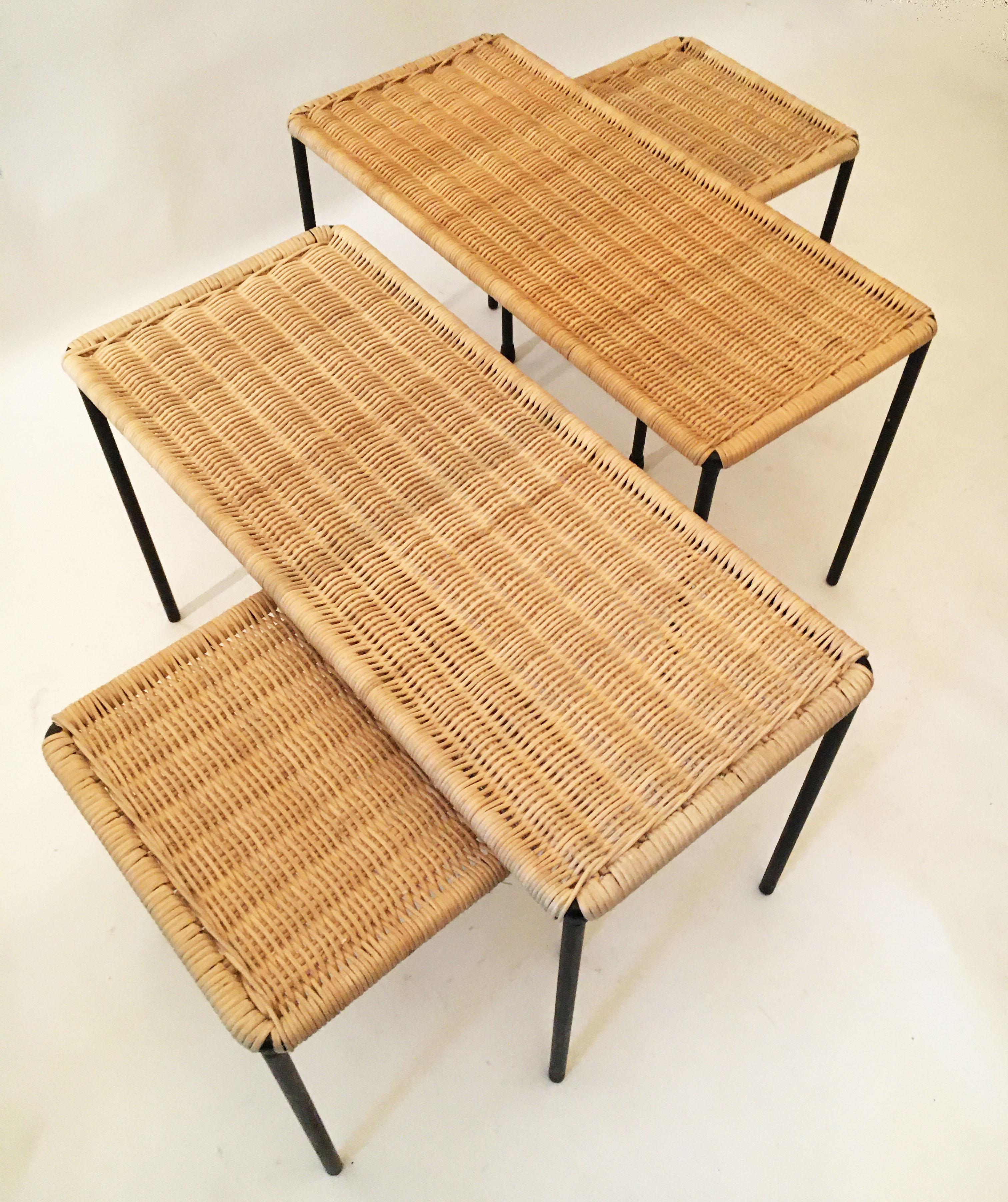 Mid-20th Century Carl Auböck II Woven Wicker Table Collection, Set of Four, circa 1950