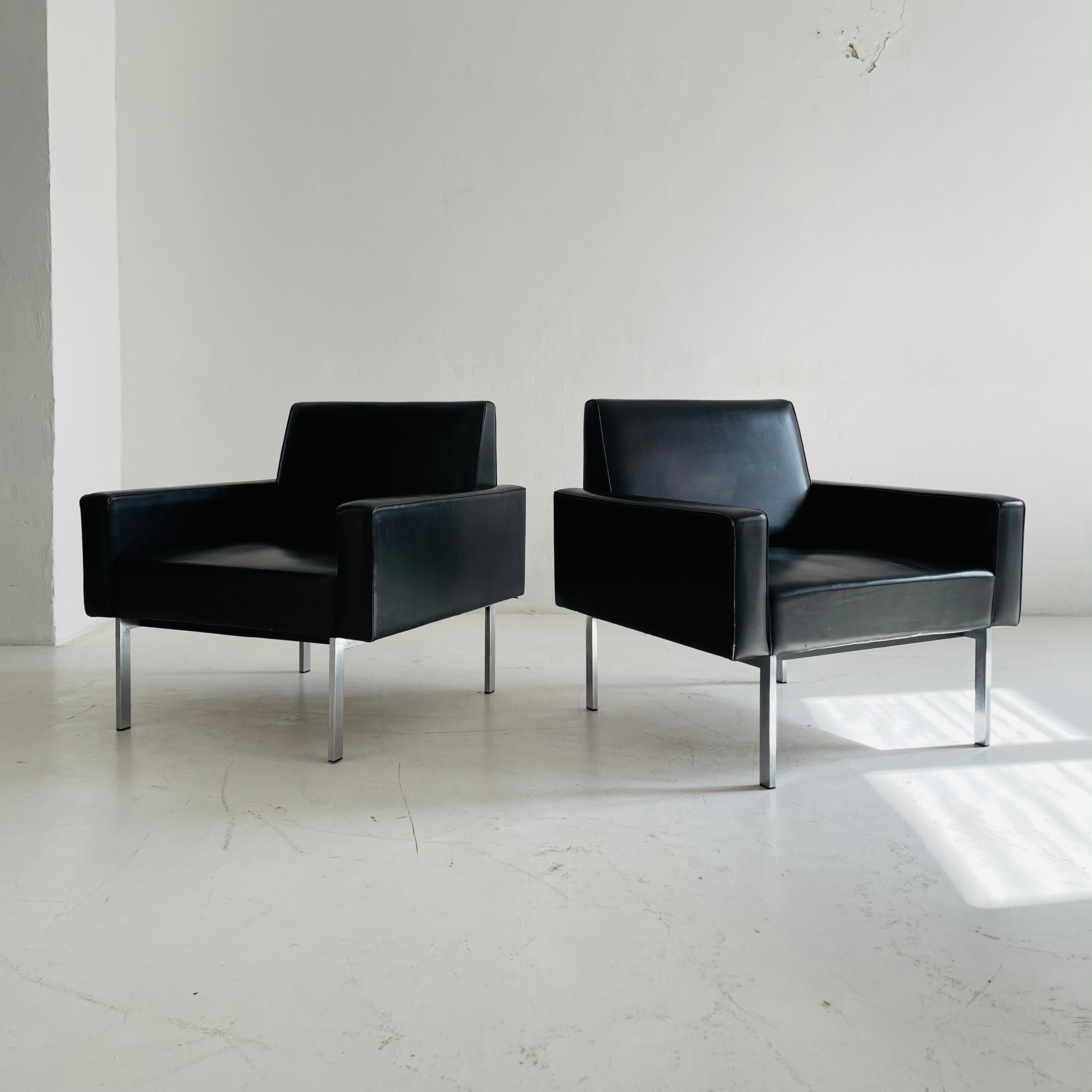 Metal Patinated Leather Arm Lounge Chairs, Austria, 1960s For Sale