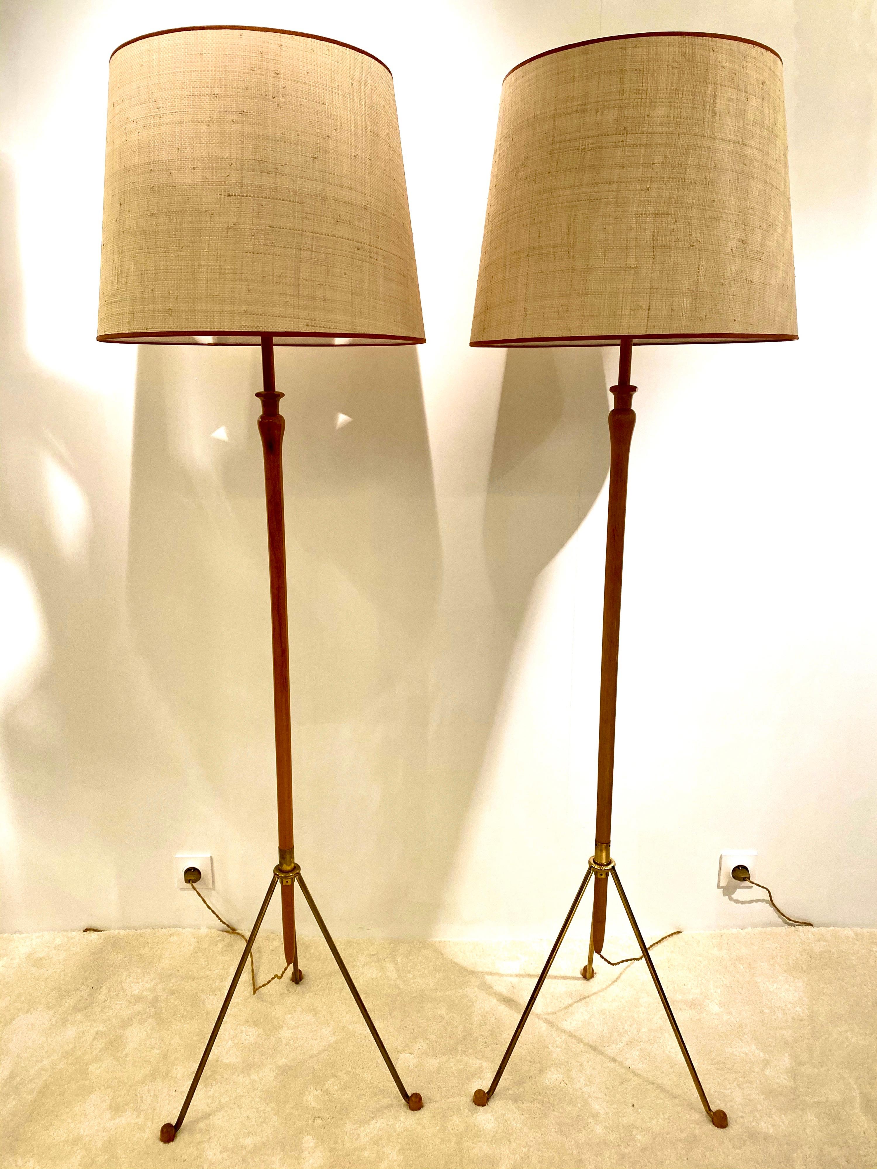 A pair of long lean floor lamps made of cheer wood and the frame is made off raffia and leather to add elegance and sophistication.
Beautifully made, certainly an Austrian manufacture due to the high quality of the finishes (in the taste of Carl