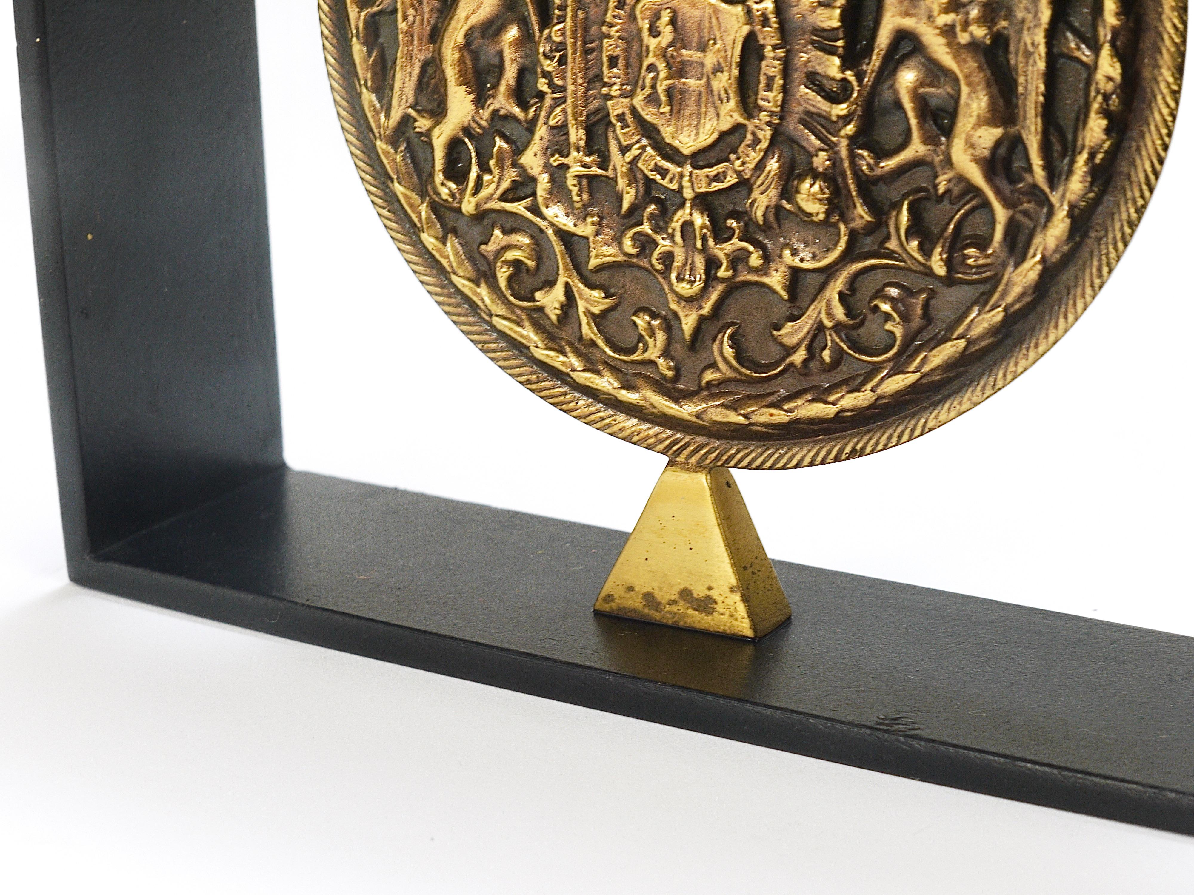 Carl Aubock Iron & Brass Coin Medal Midcentury Bookend, Austria, 1970s For Sale 9