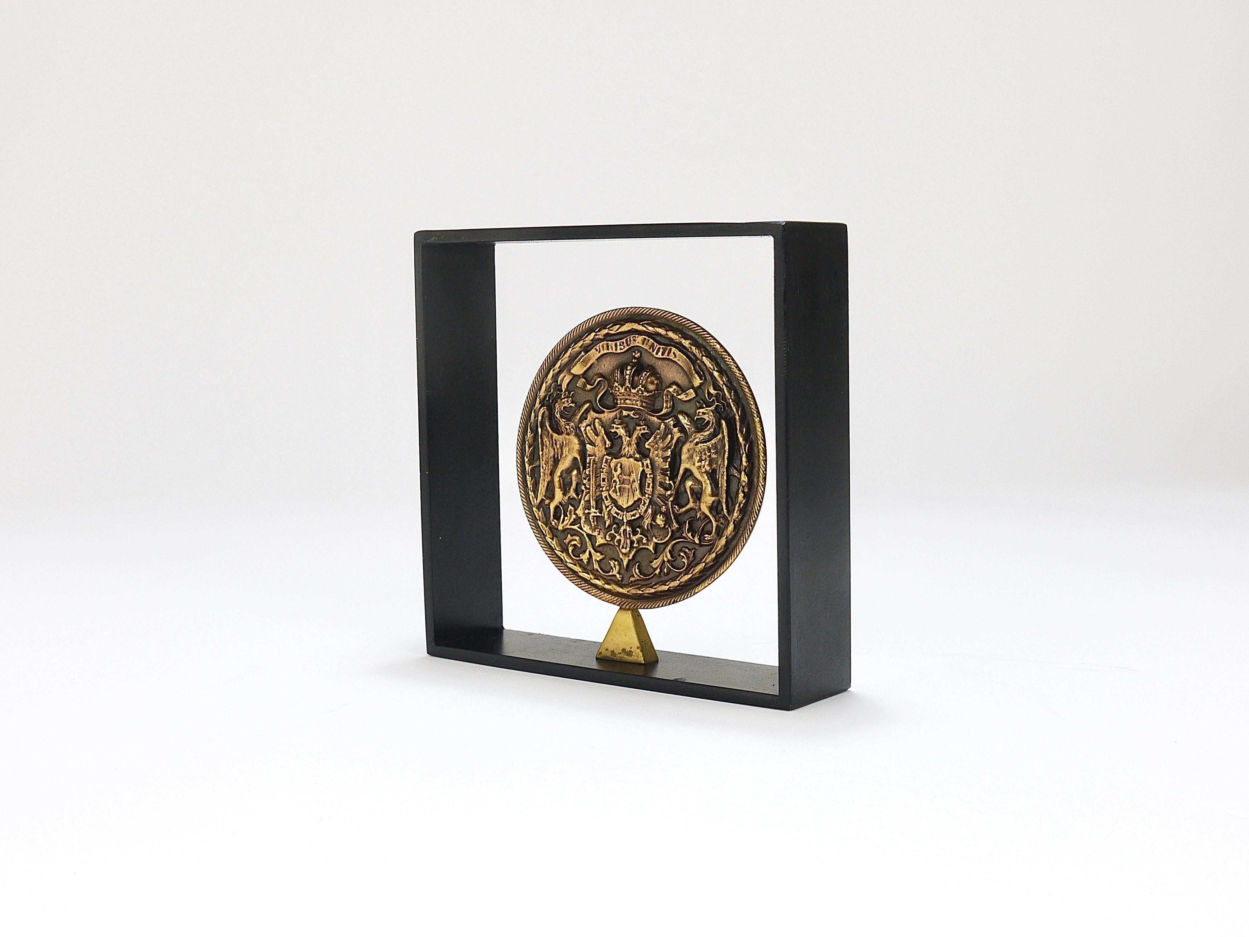 Blackened Carl Aubock Iron & Brass Coin Medal Midcentury Bookend, Austria, 1970s For Sale