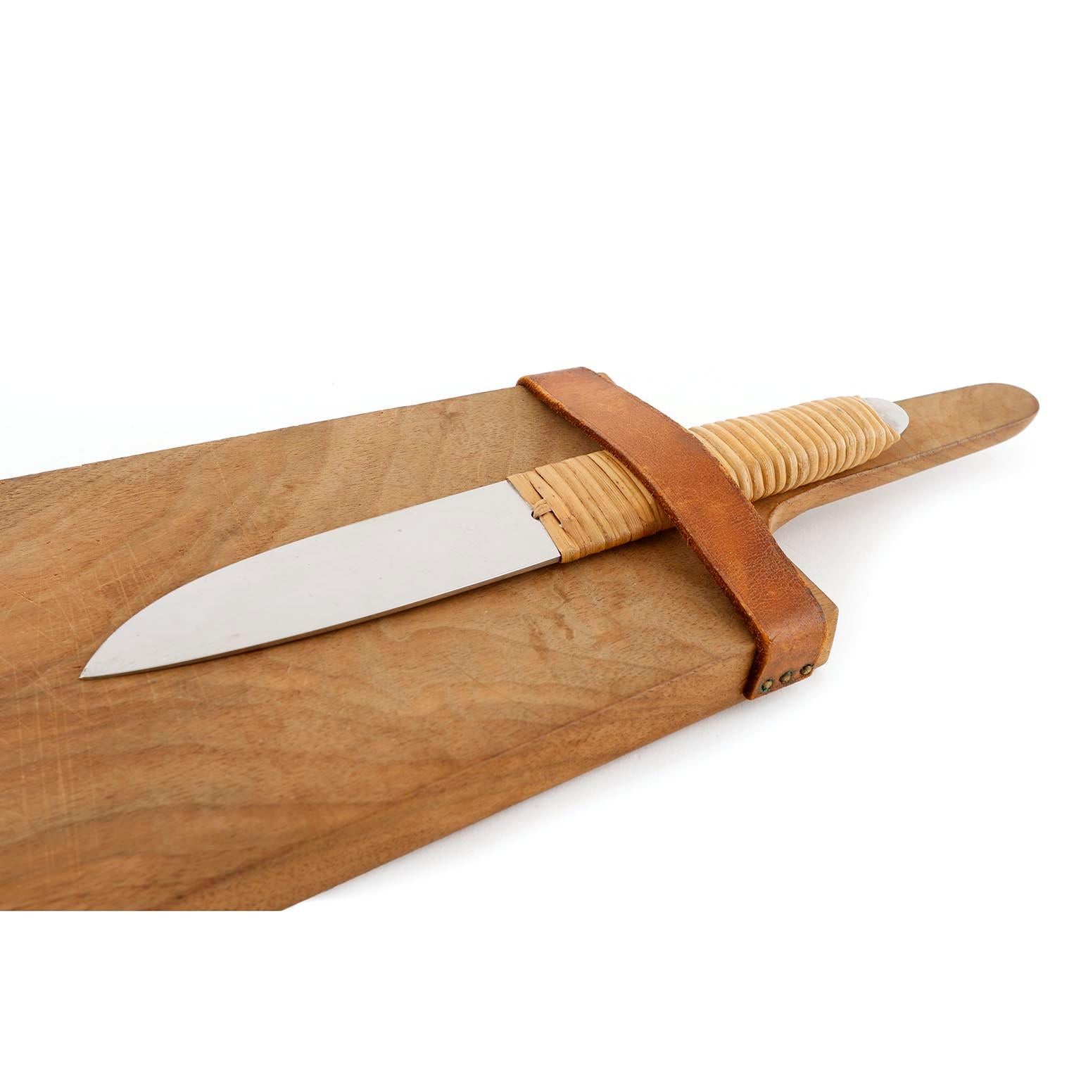 Mid-Century Modern Carl Auböck Knife Cutting Chopping Board, Wood Wicker Stainless Steel, 1950s