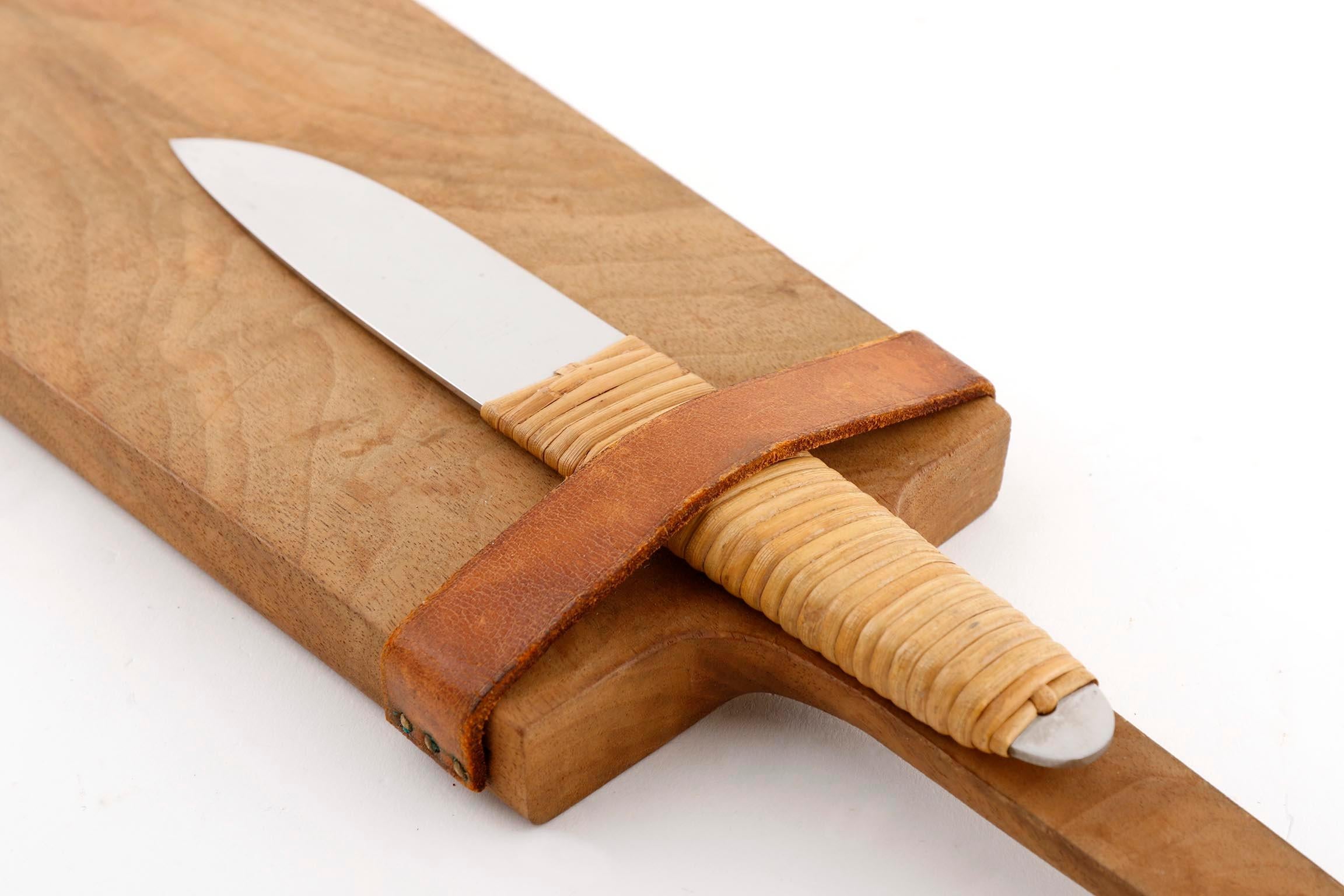 Austrian Carl Auböck Knife Cutting Chopping Board, Wood Wicker Stainless Steel, 1950s