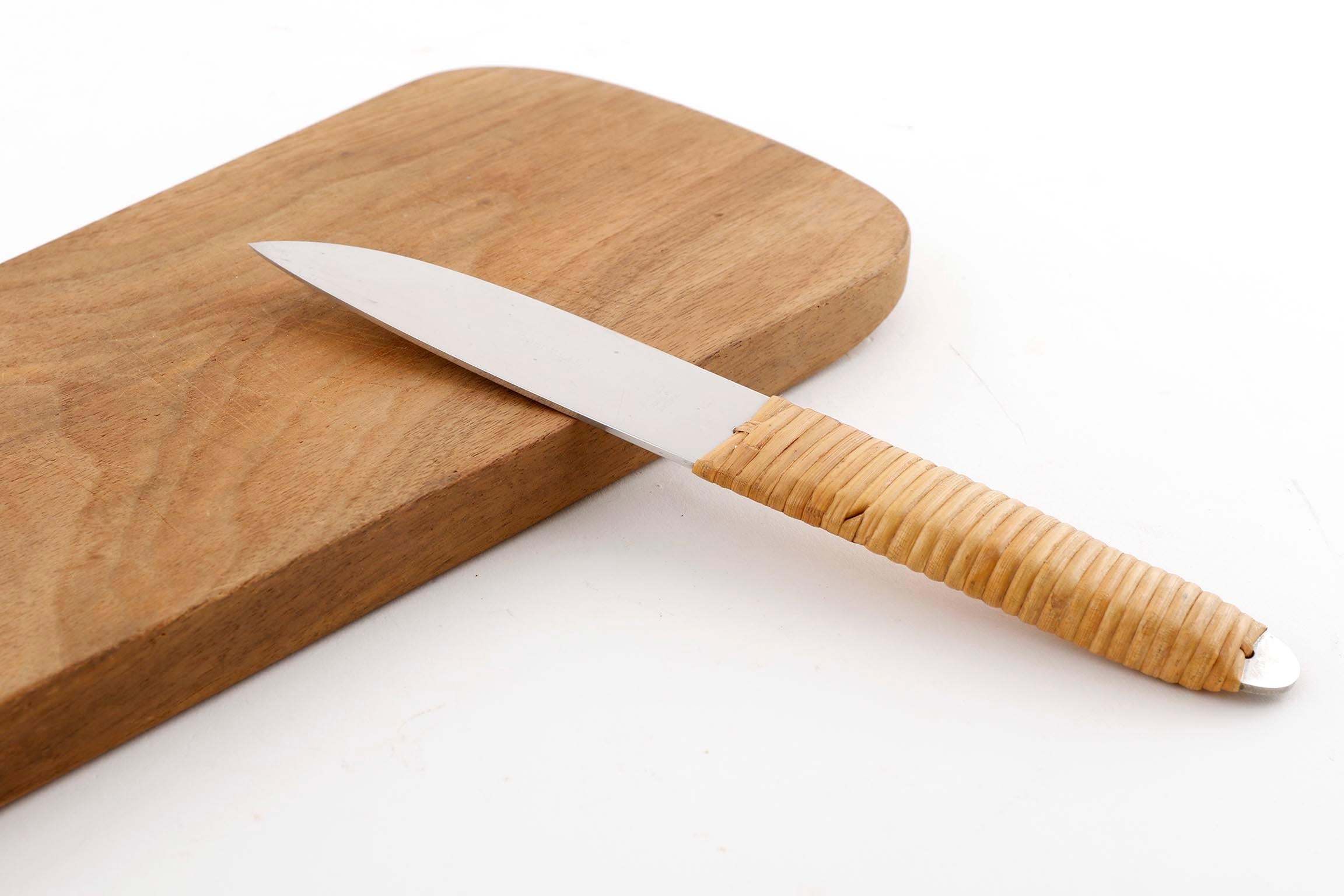 Walnut Carl Auböck Knife Cutting Chopping Board, Wood Wicker Stainless Steel, 1950s For Sale