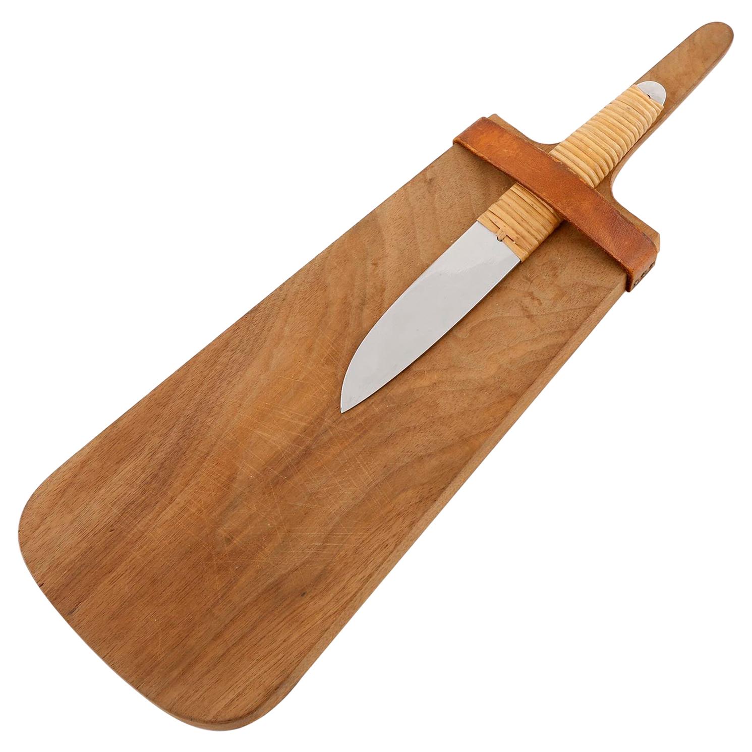 Carl Auböck Knife Cutting Chopping Board, Wood Wicker Stainless Steel, 1950s